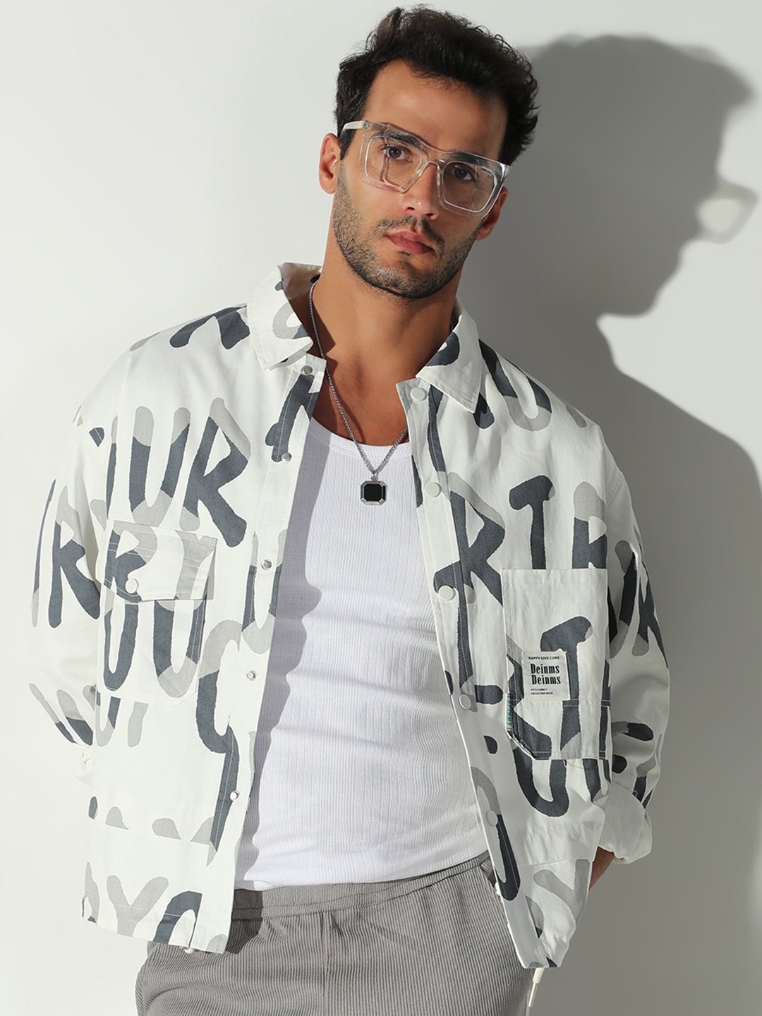 

SHOWOFF Typography Printed Oversized Shacket, White