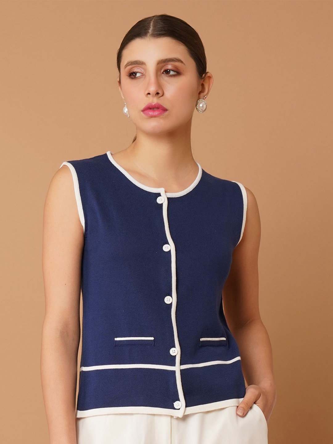 

Chemistry Round Neck Cotton Top, Navy blue