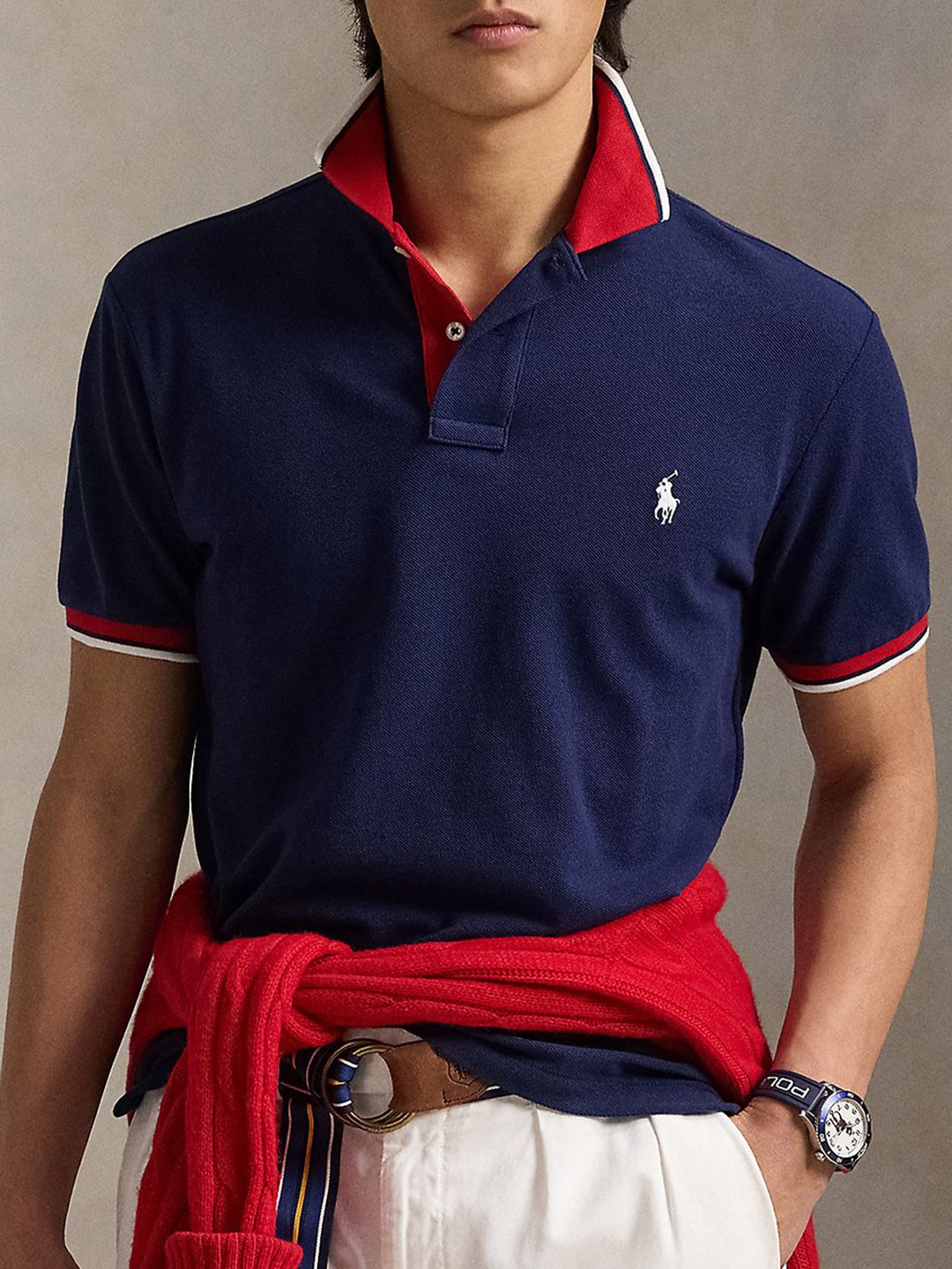 

Polo Ralph Lauren Pure Cotton Custom Slim Fit Polo Collar T-Shirt, Navy blue