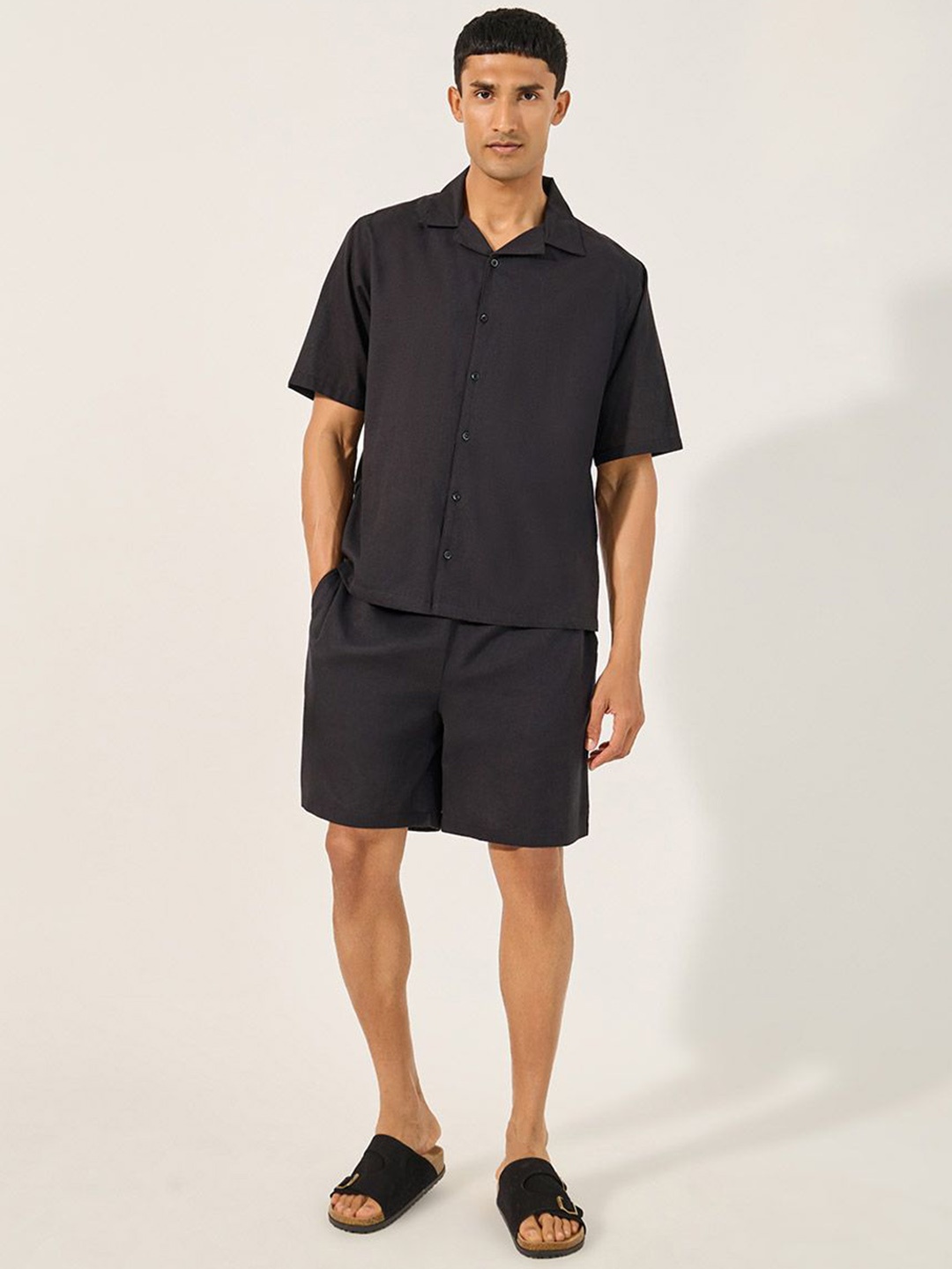 

Styli Men Linen Blend Relaxed Fit Shirt and Shorts Co-ord Set, Black