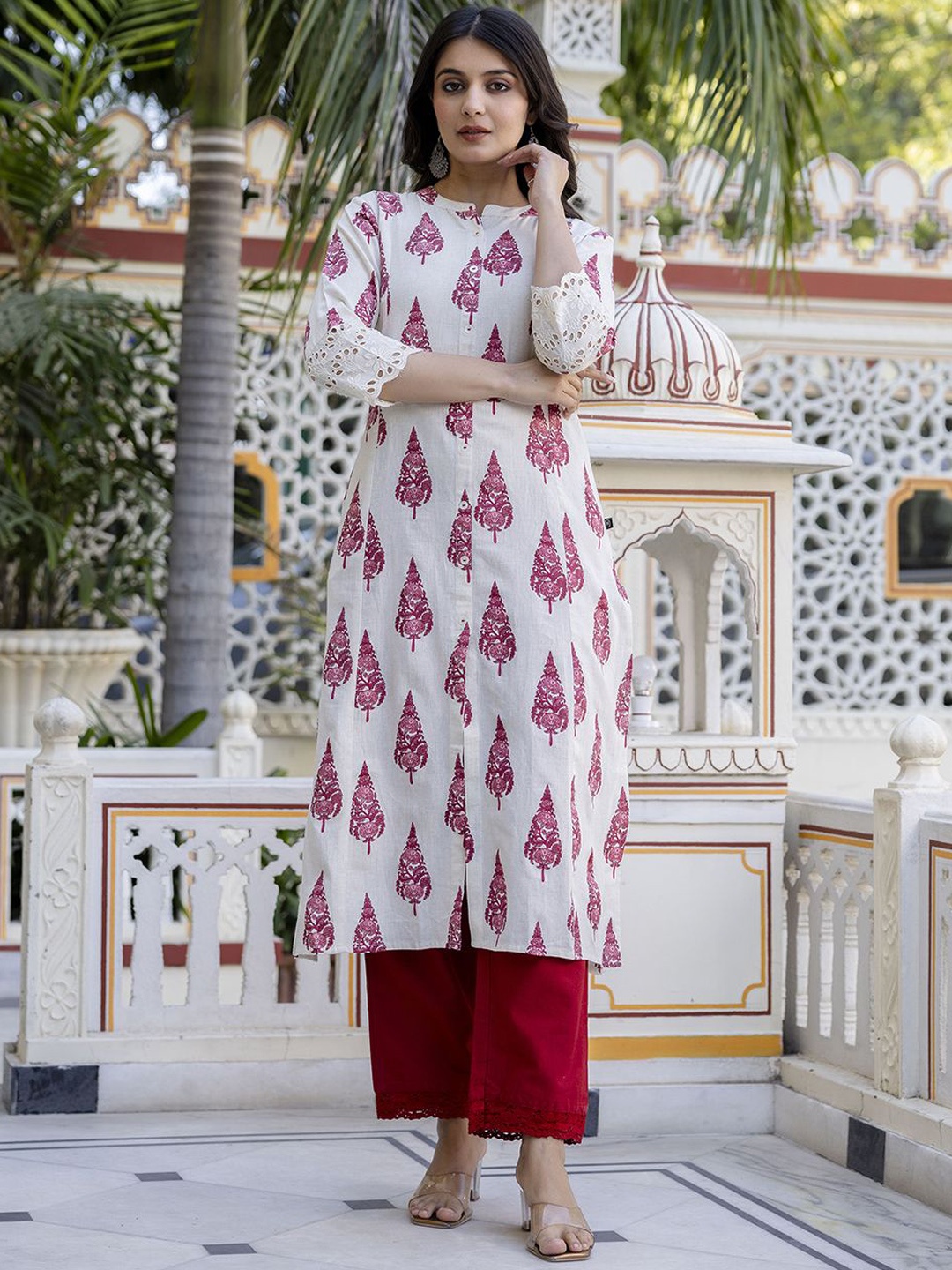 

Pistaa Floral Printed Mandarin Collar Pure Cotton A-Line Kurta with Trouser, White