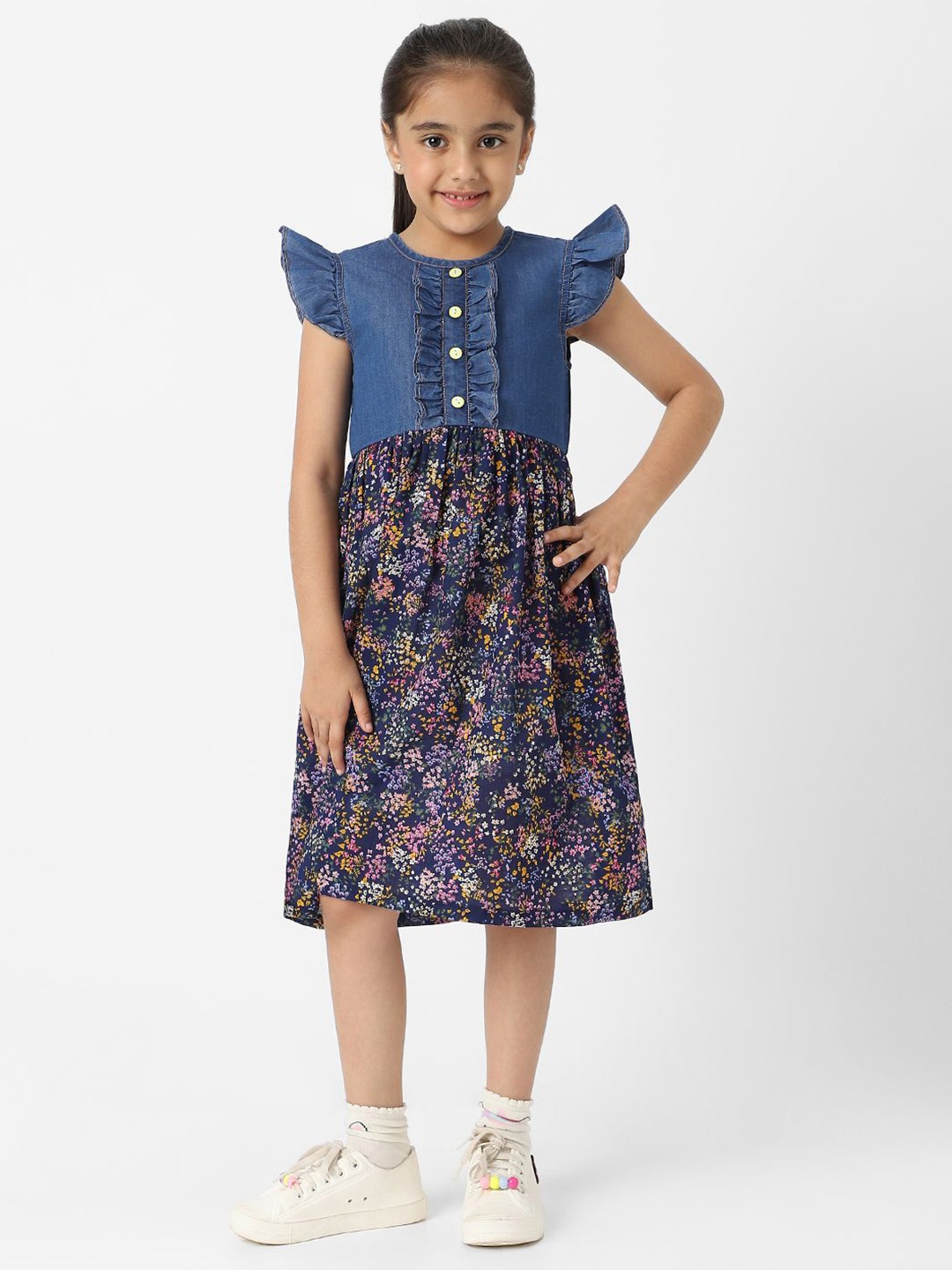 

Nauti Nati Girls Denim Floral Printed Flutter Sleeves Dress, Blue