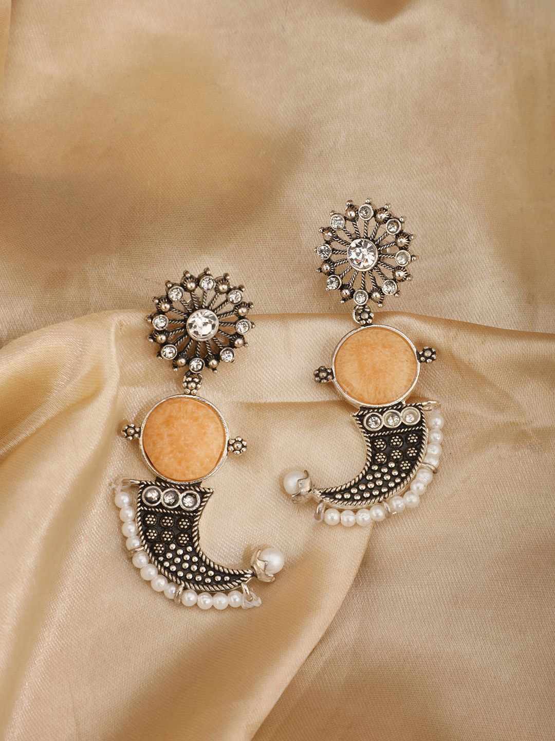 

Anouk Artificial Stones Studded & Beaded Contemporary Shaped Drop Earrings, Peach