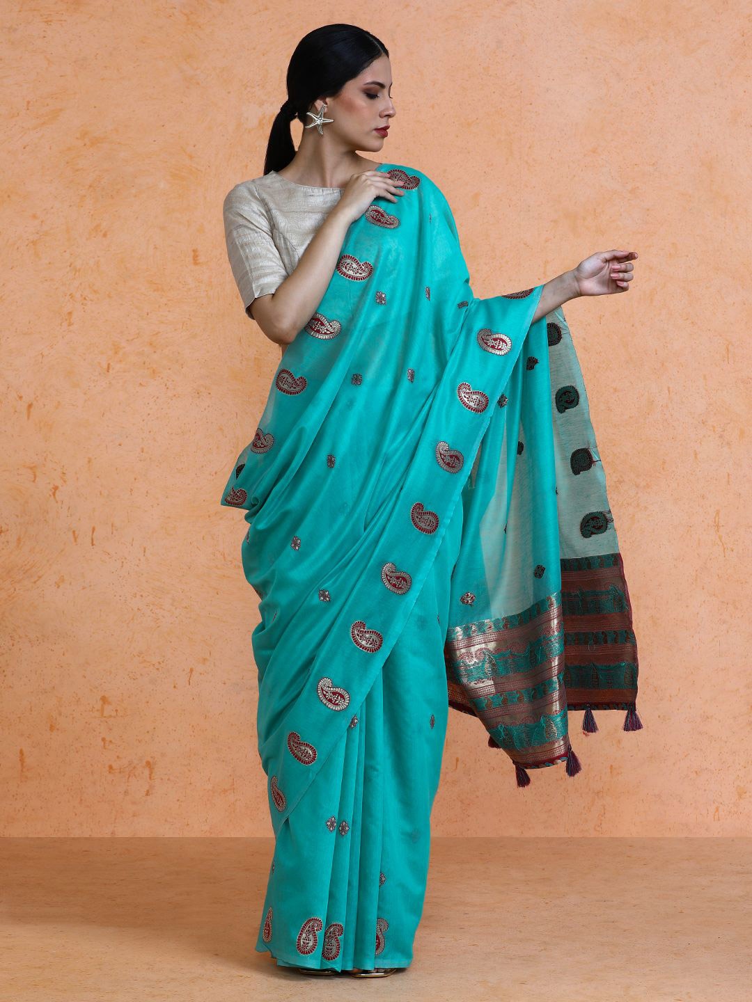 

SARHA Woven Design Chanderi Cotton Saree, Blue