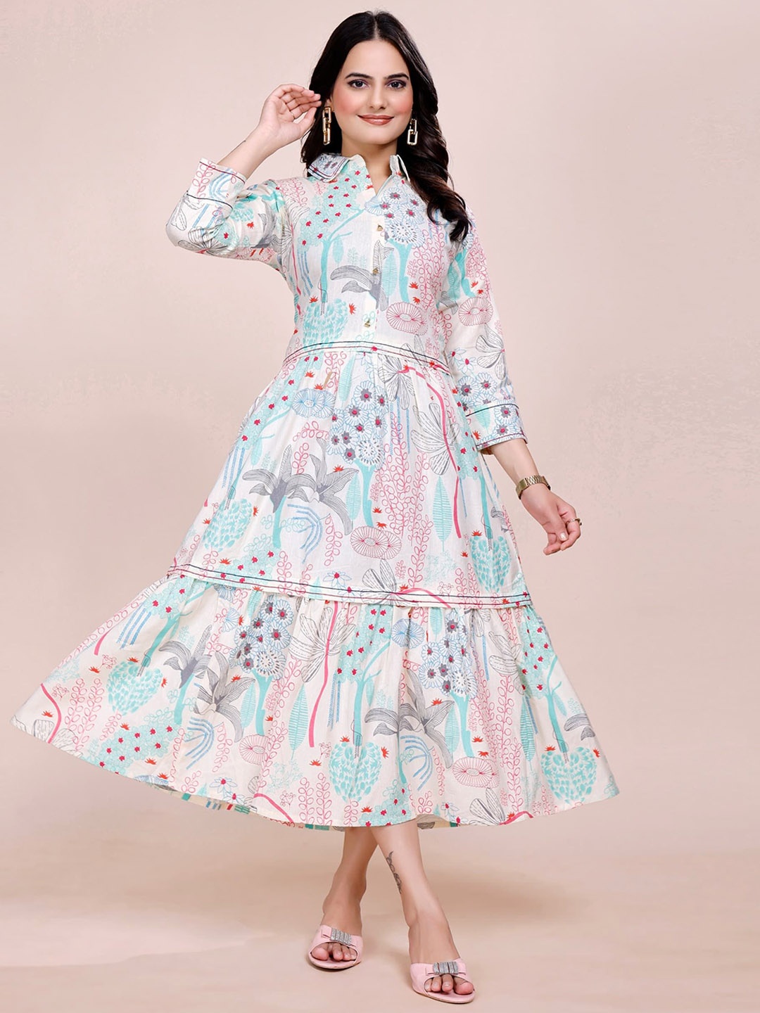 

NAY Floral Printed Tiered Shirt Collar Pure Cotton Fit & Flare Dress, White