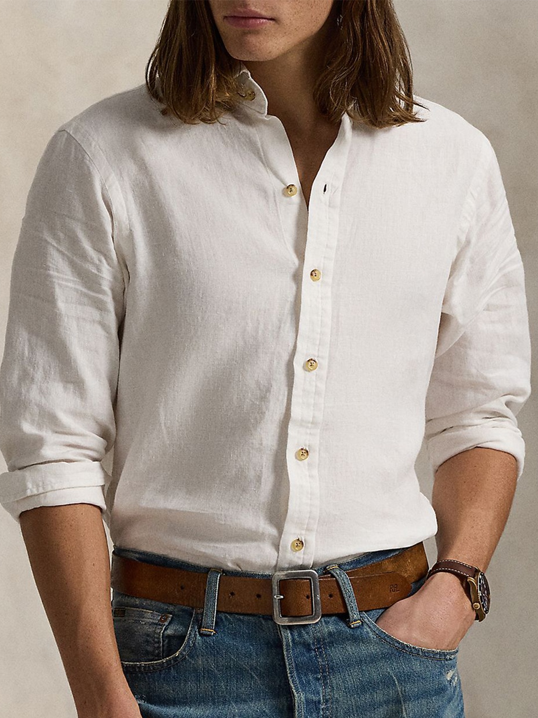 

Polo Ralph Lauren Men Slim Fit Spread Collar Solid Linen Casual Shirt, White