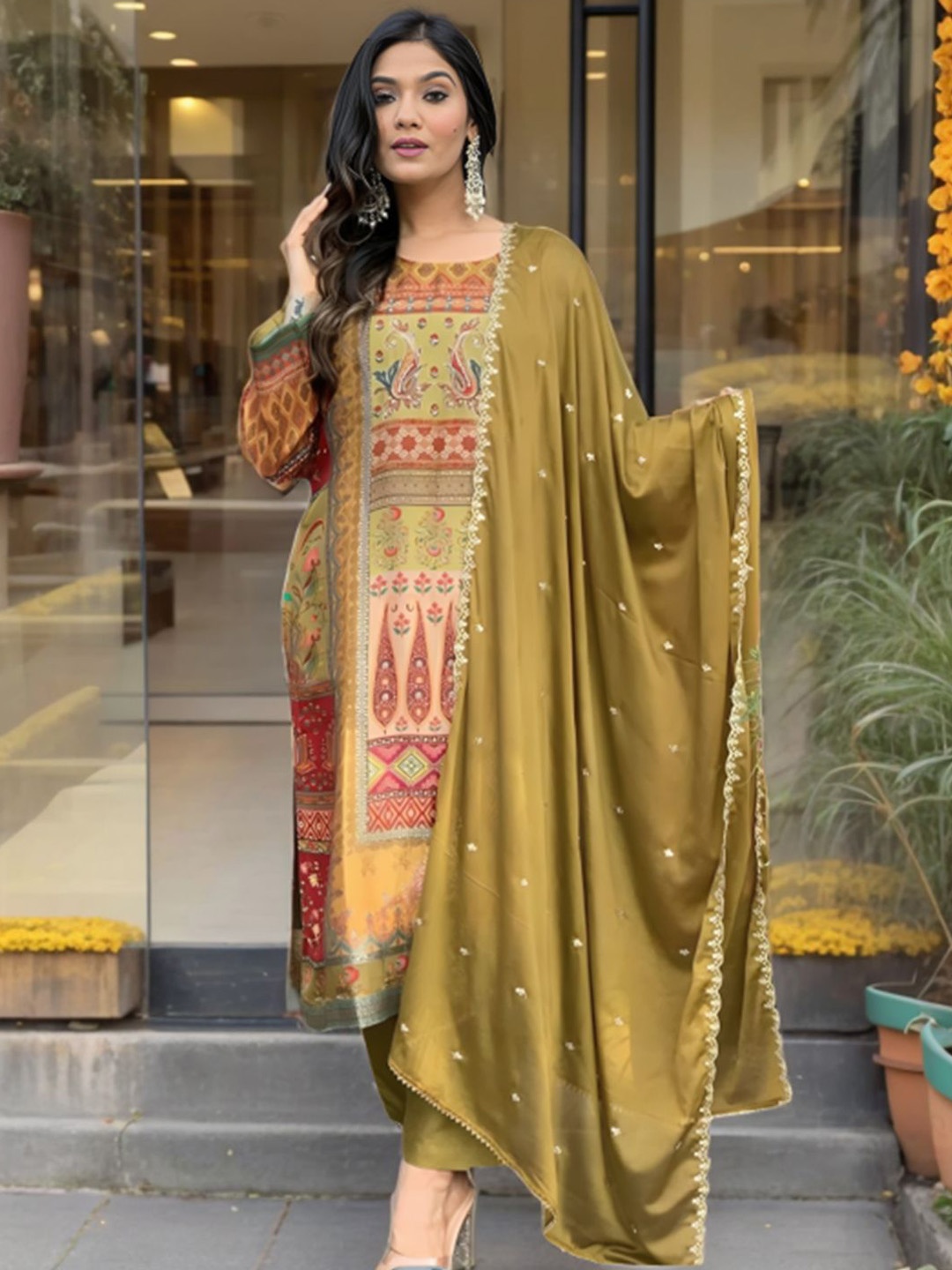 

Amrutam Fab Floral Printed Round Neck Pure Silk Kurta With Trousers & Dupatta, Olive