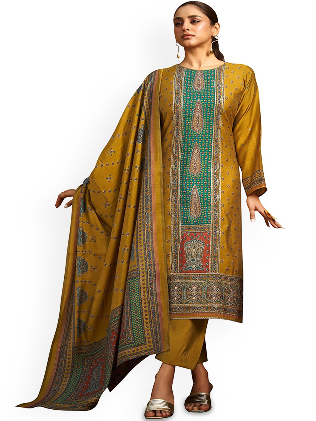

DRAVINAM Trends Ethnic Motifs Printed Pure Cotton Unstitched Dress Material, Yellow