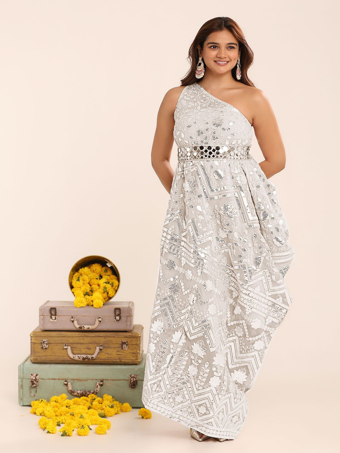 

THE BLESSED WARDROBE Embroidered One Shoulder Georgette Maxi Dress, White
