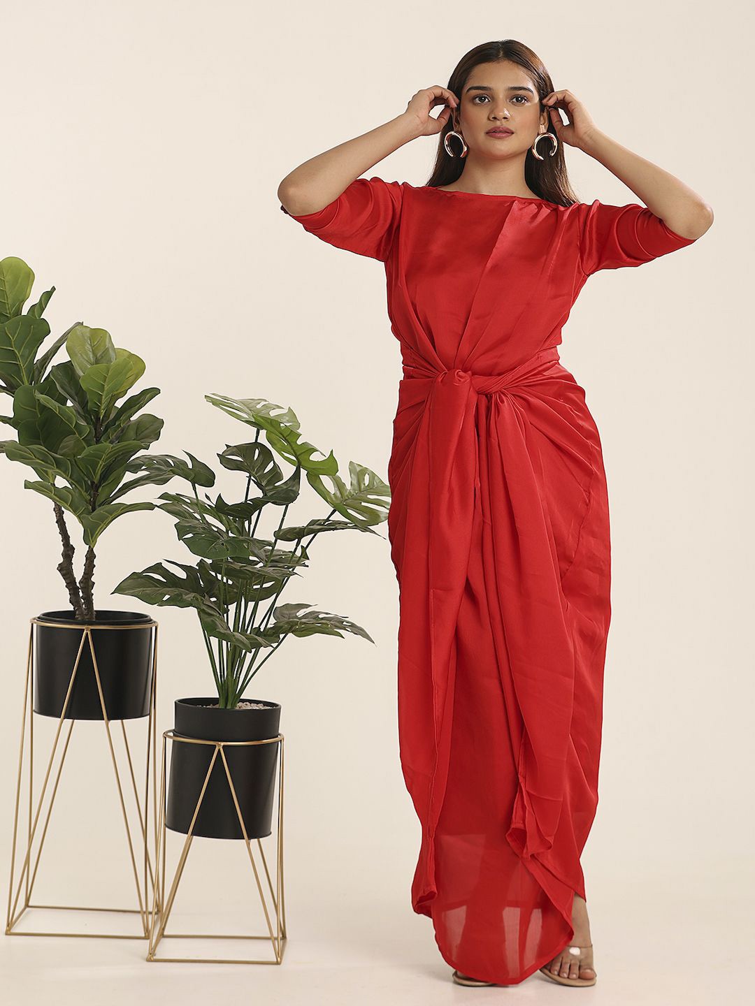 

THE BLESSED WARDROBE Women Solid Tie Up Wrap Maxi Dress, Red