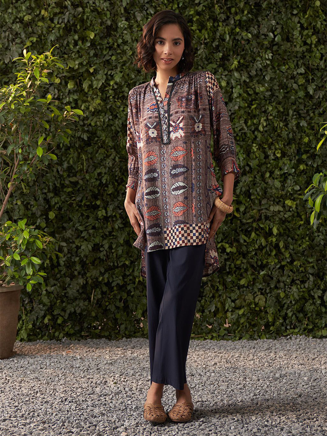 

Lakshita Mandarin Collar Printed Tunic, Brown