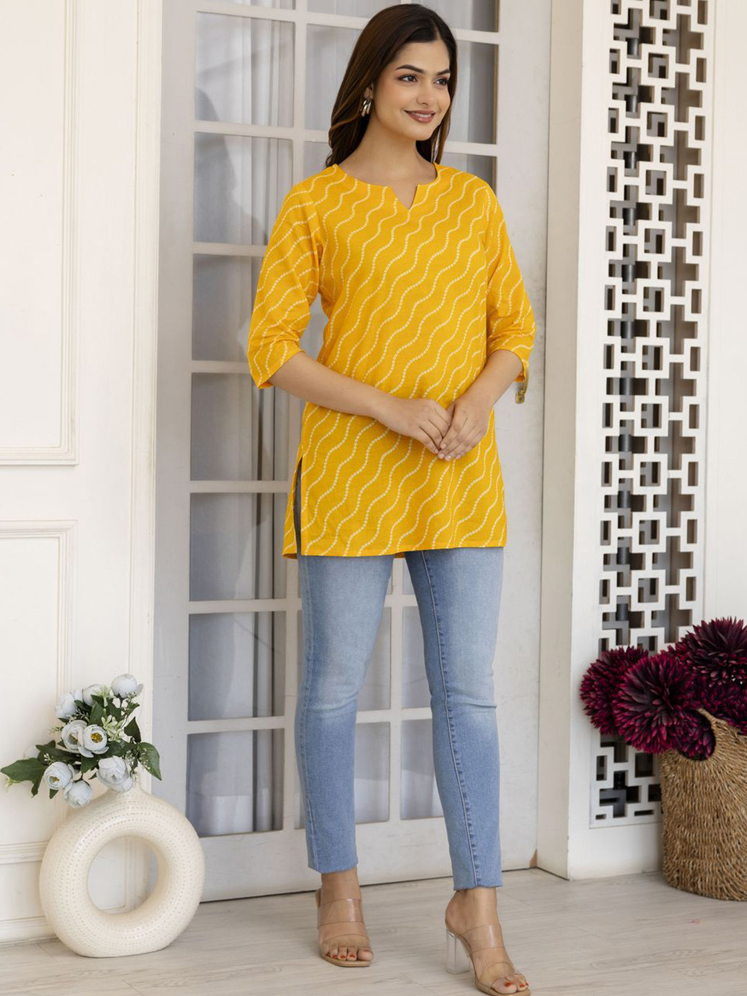 

MERAAKI FASHION Women Printed Mandarin Collar Longline Cotton A-Line Top, Yellow