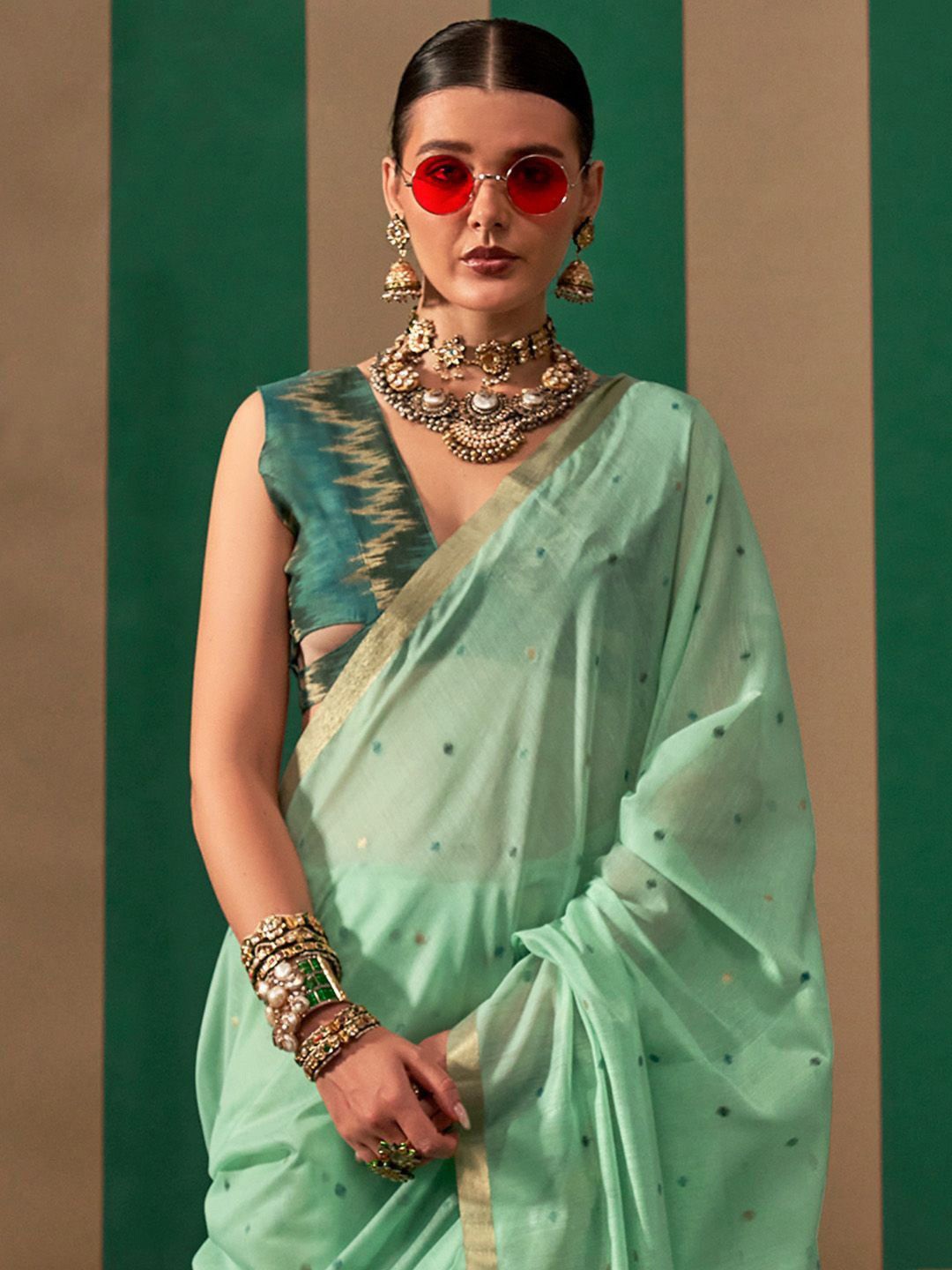 

Ethnielle Woven Design Zari Banarasi Saree, Green