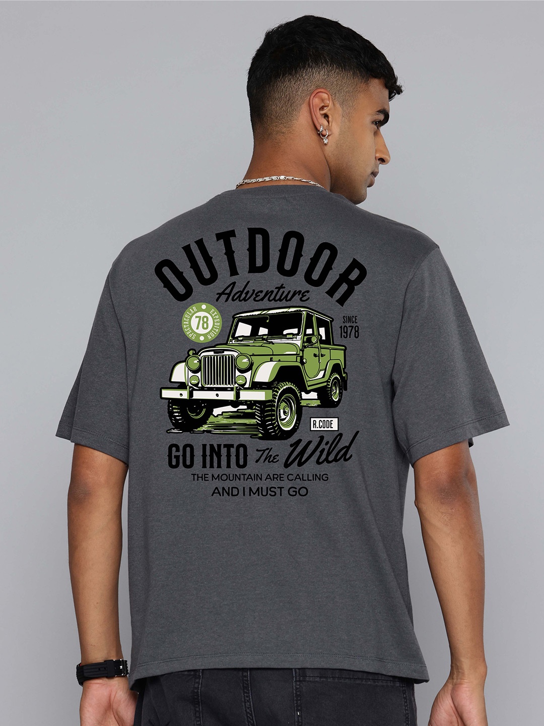 

R.Code by The Roadster Life Co. Men Printed T-shirt, Steel