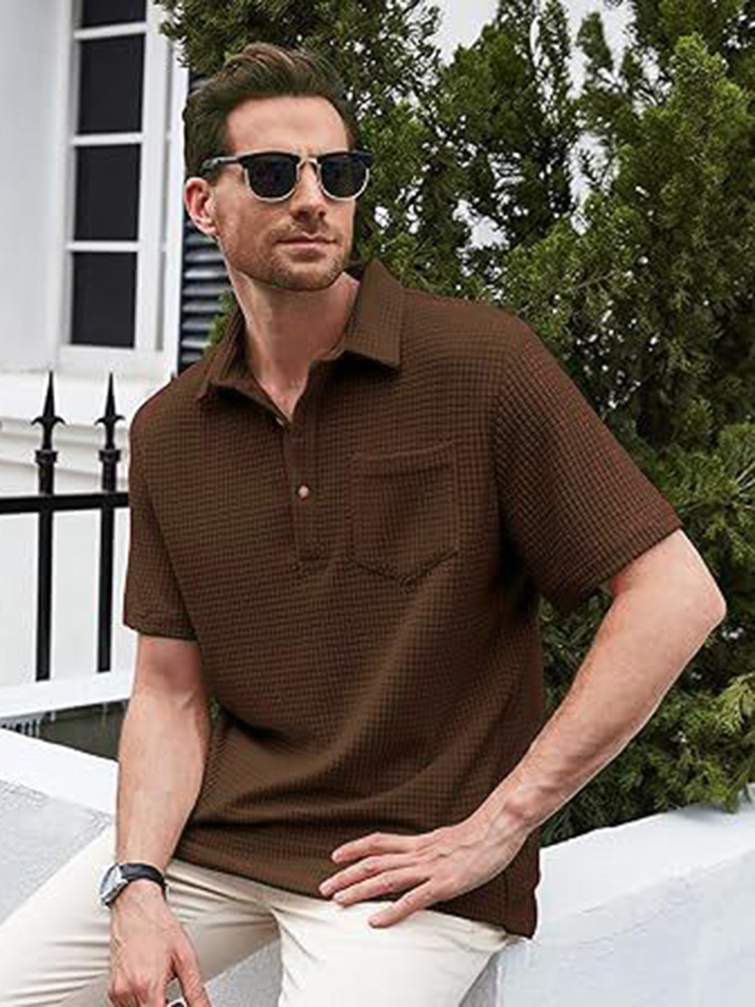 

Colorchakra Men Henley Neck Pockets T-shirt, Brown