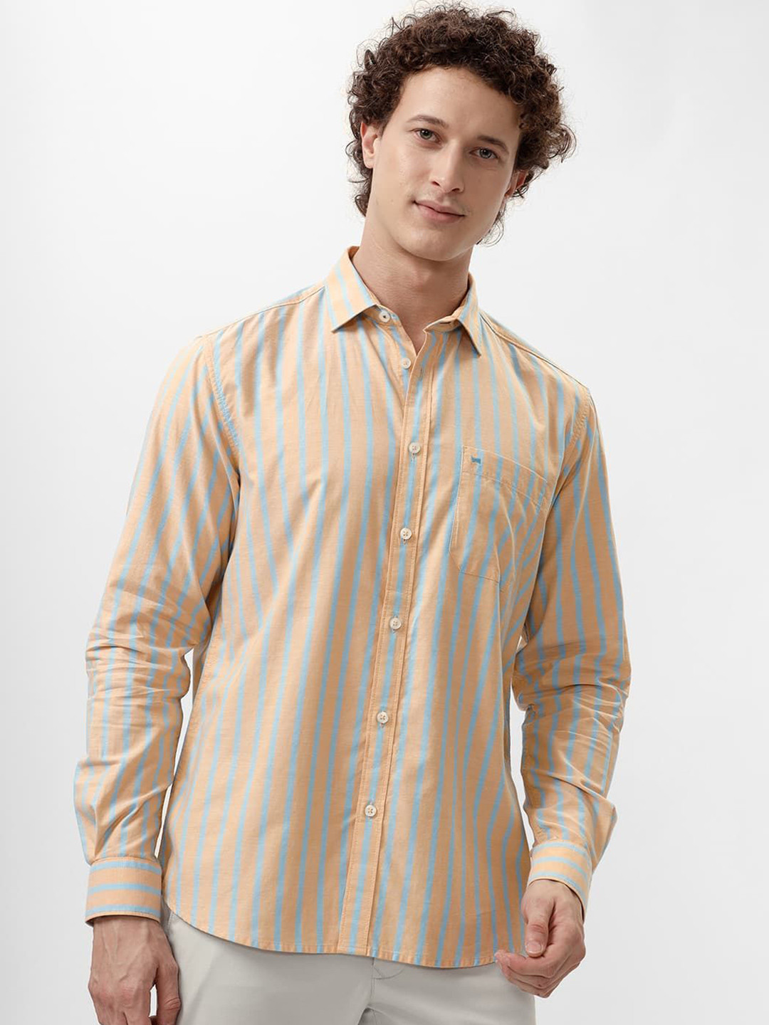 

Basics Men Slim Fit Cutaway Collar Vertical Striped Cotton Casual Shirt, Orange