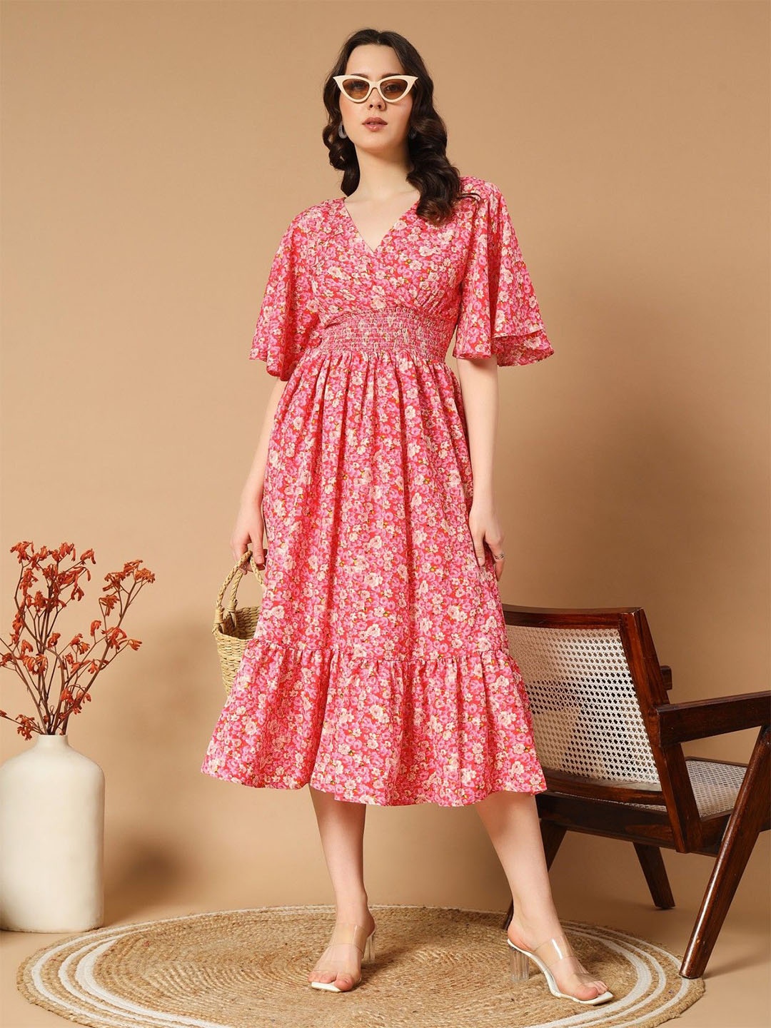 

Raiyani Fashion Women Floral Printed V-Neck Flared Sleeve Midi Warp Dress, Peach
