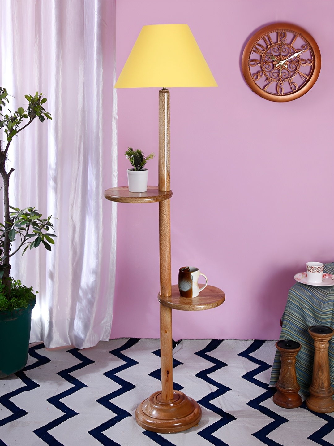 

Devansh Brown & Yellow Textured Cotton Conical Wooden Shelf Floor Lamp