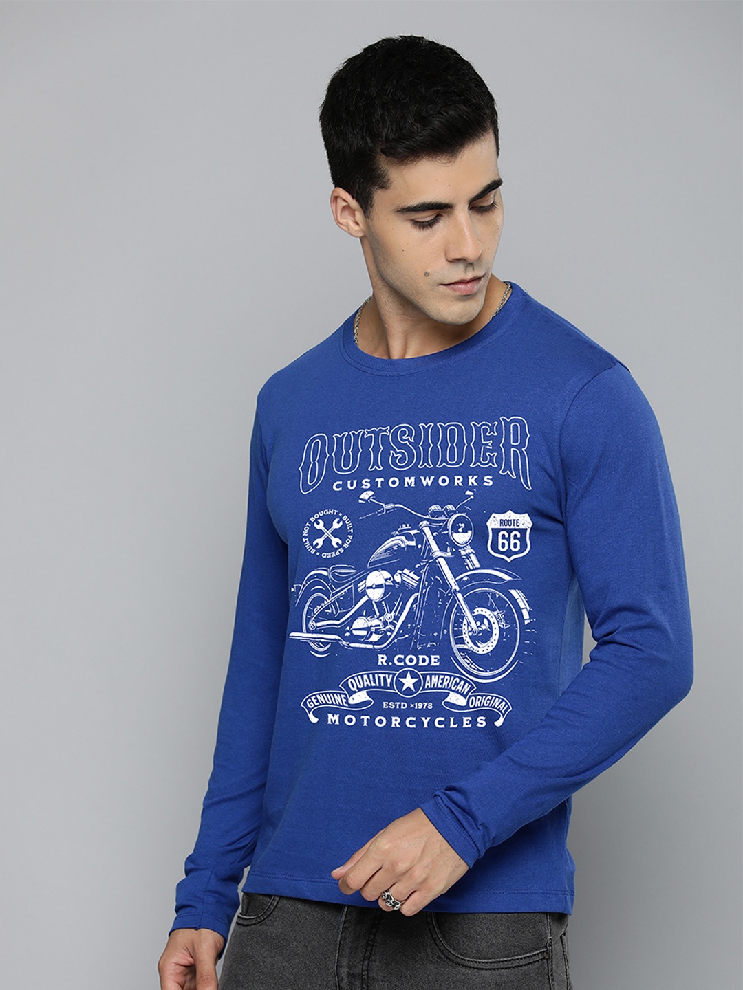 

R.Code by The Roadster Life Co. Men Typography Printed Raw Edge T-shirt, Blue