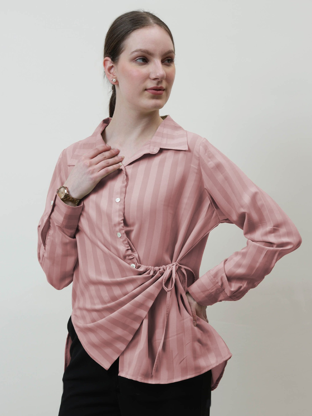 

Athena Immutable Women Striped Asymmetric Shirt Style Top, Pink
