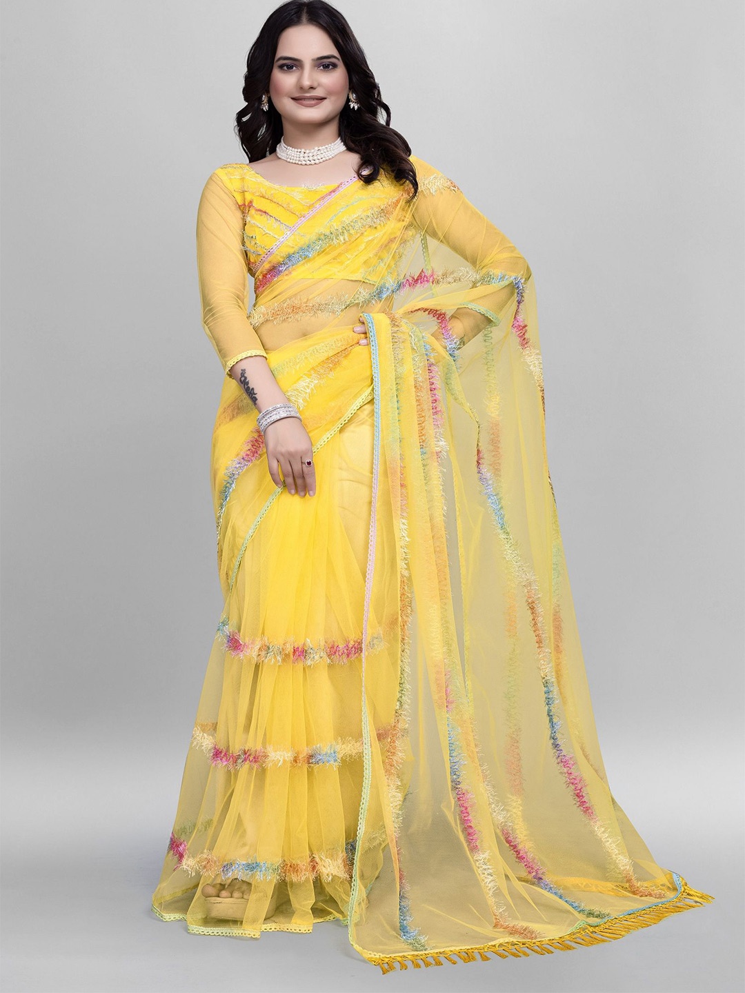 

A TO Z CART Net Embroidered Saree With Unstitched Blouse Piece, Yellow