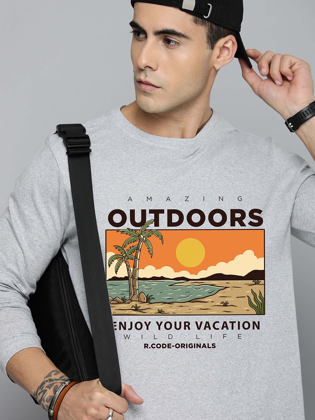

R.Code by The Roadster Lifestyle Co. Men Graphic Printed Round Neck Cotton T-shirt, Grey melange