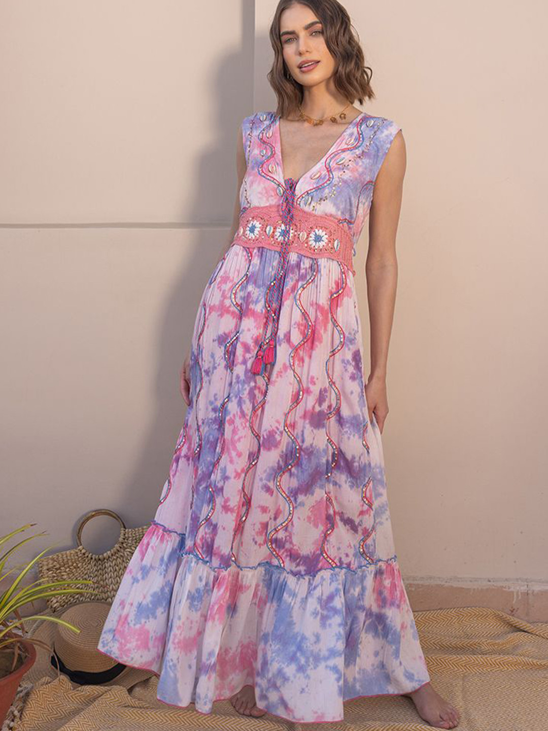 

Label Reyya Women's Cotton Tye Dye A-Line Maxi Dress, Pink
