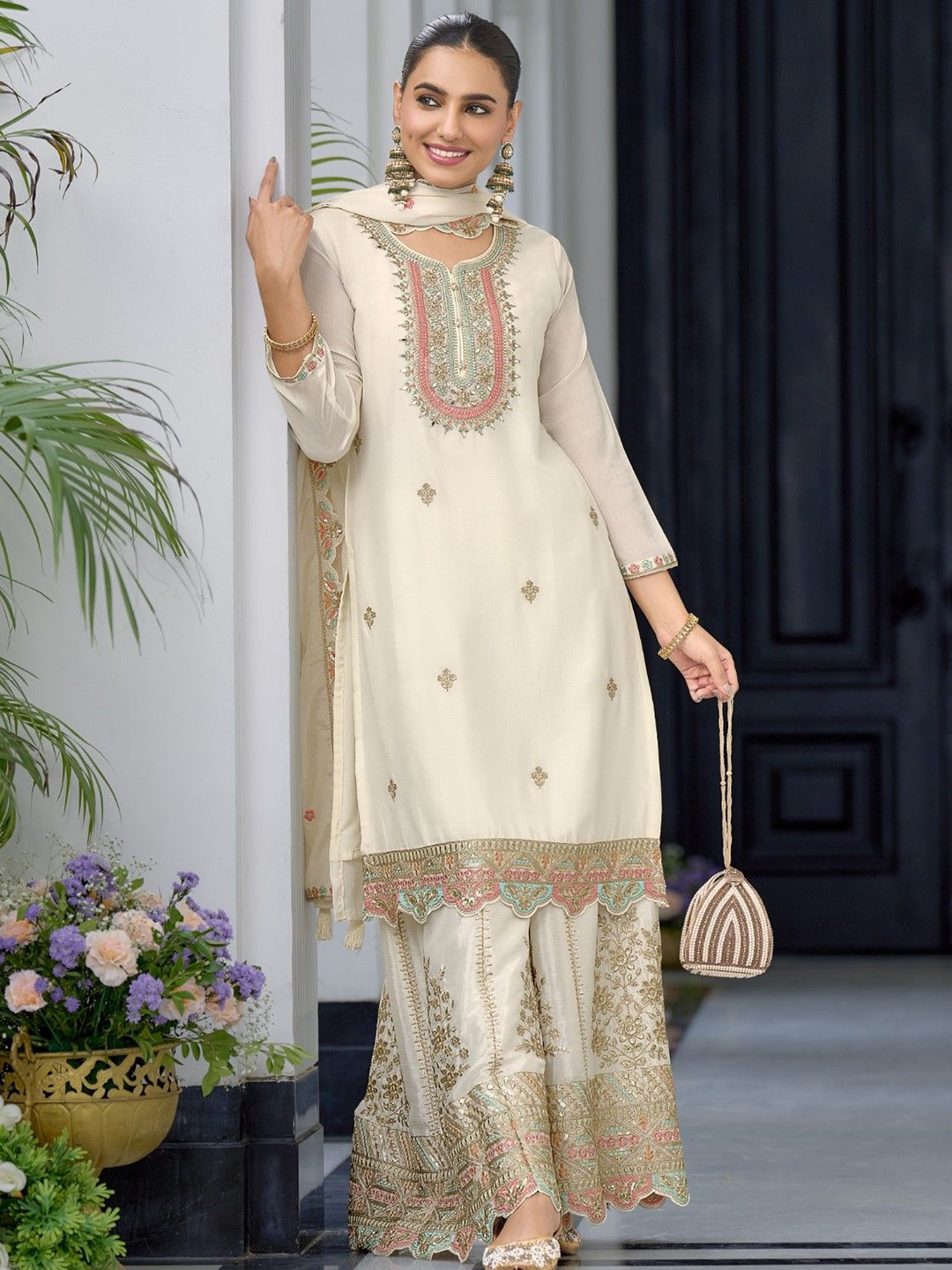 

AUTUMN LANE Ethnic Motifs Embroidered Pure Cotton Straight Kurta with Trousers & Dupatta, Off white