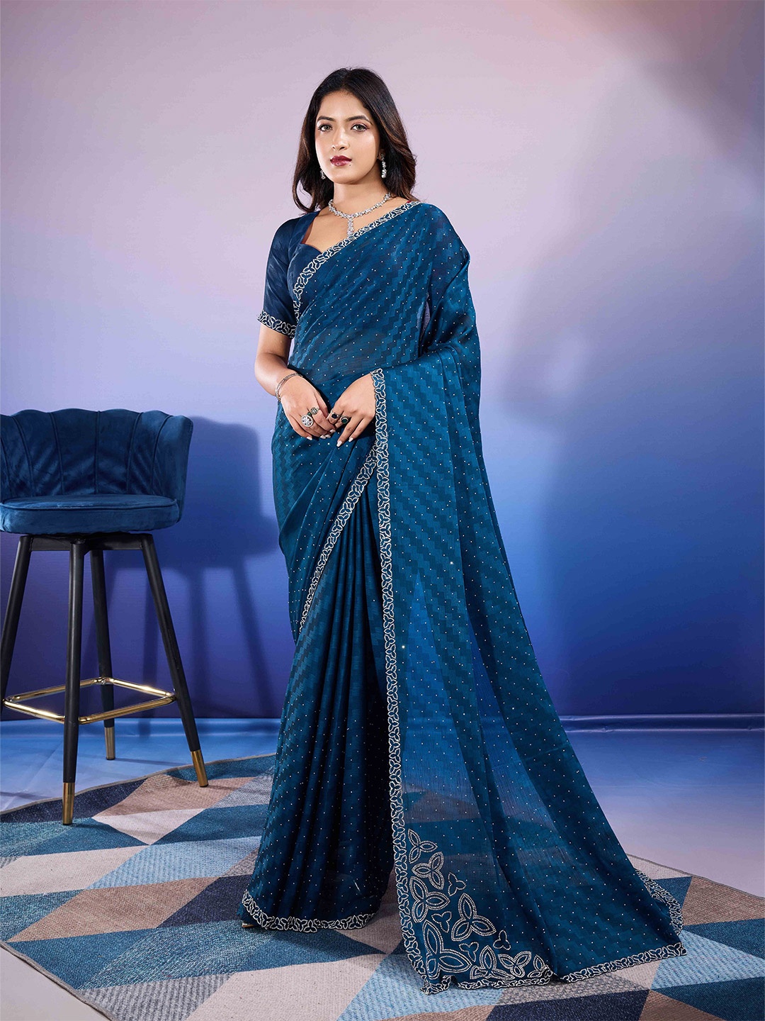 

DIVASTRI Striped Beads and Stones Embellished Chiffon Saree, Navy blue
