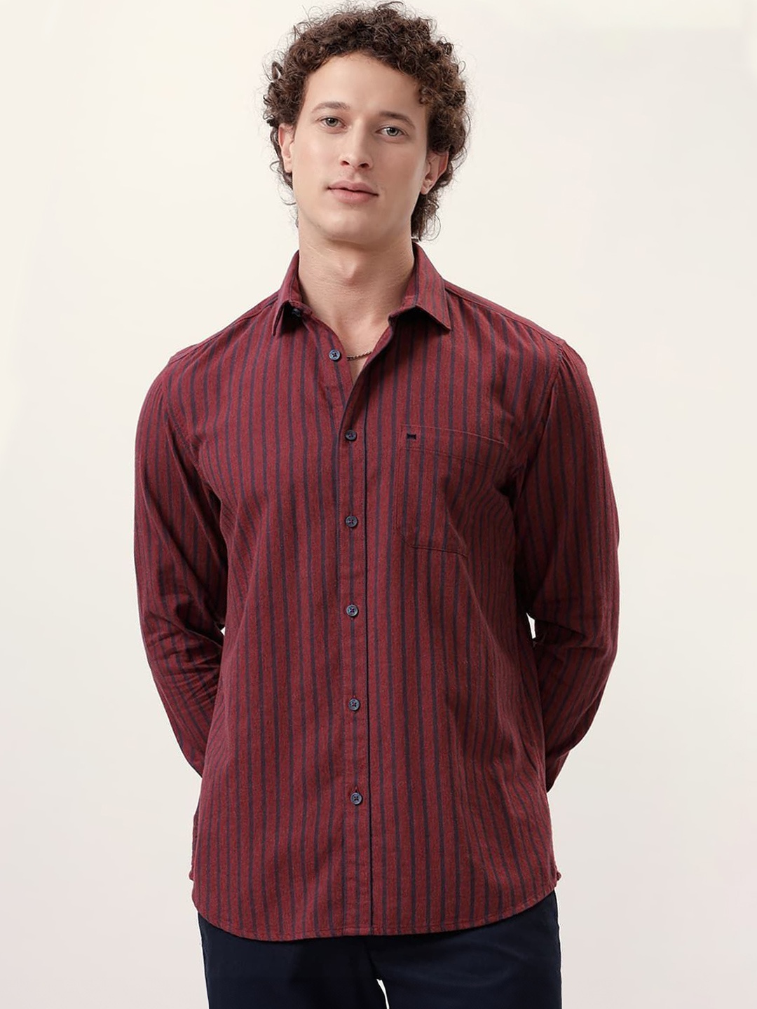

Basics Men Slim Fit Cutaway Collar Vertical Striped Cotton Casual Shirt, Red
