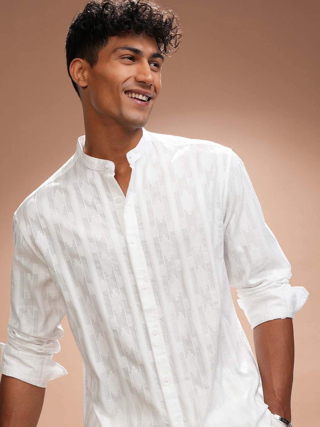 

HIGHLANDER Men Comfort Relaxed Fit Band Collar Textured Cotton Casual Shirt, White