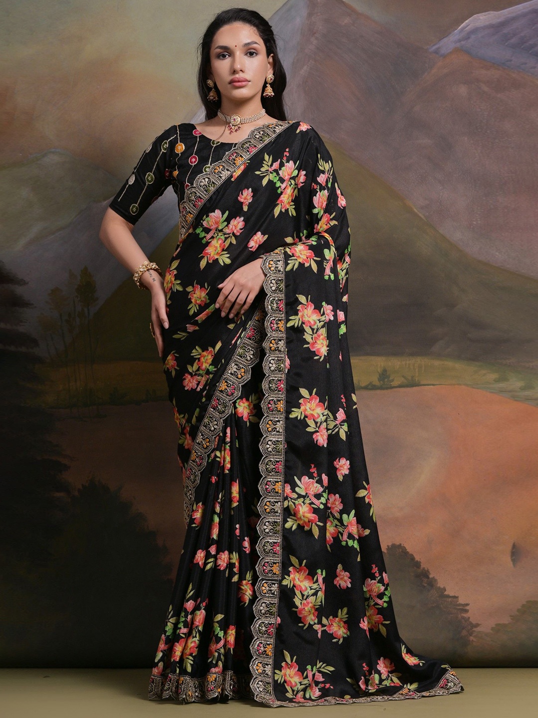 

LeeliPeeri Floral Printed Embroidered Saree, Black