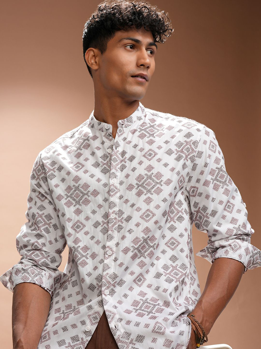 

HIGHLANDER Men Comfort Relaxed Fit Band Collar Geometric Textured Cotton Casual Shirt, White