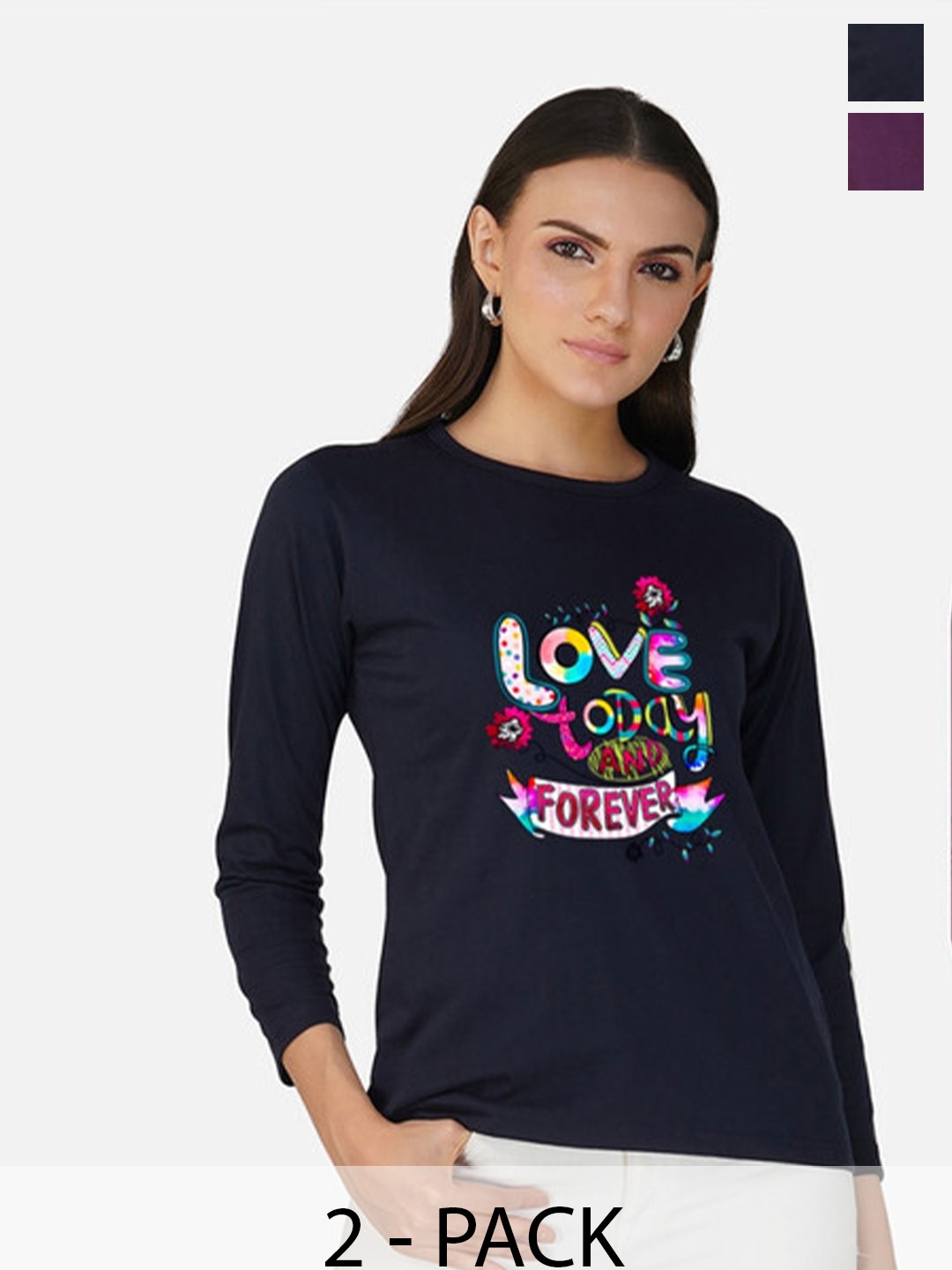 

Metronaut Women 2 Printed Bio Finish Applique T-shirt, Navy blue