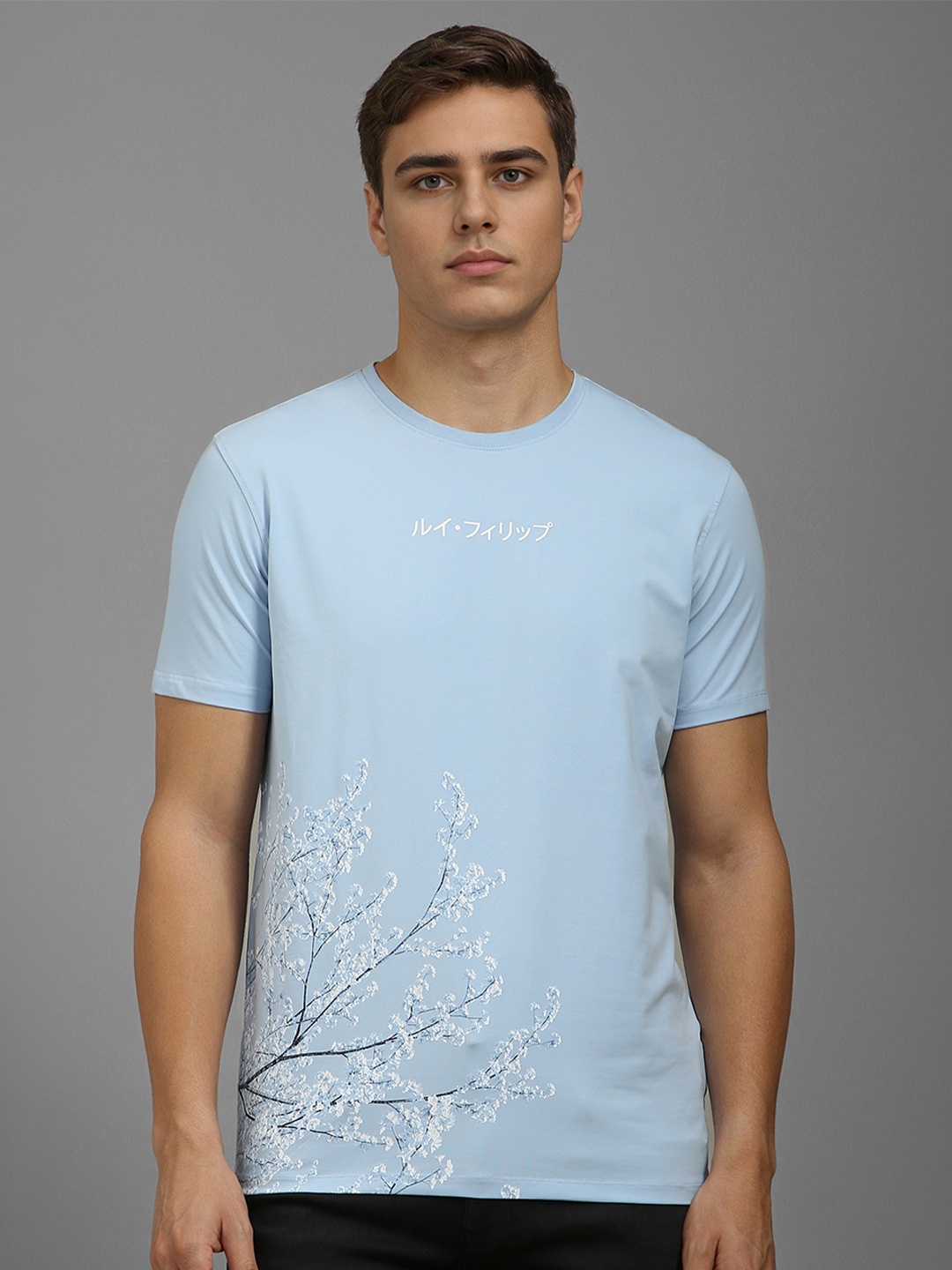 

Louis Philippe Men Typography Printed Raw Edge Slim Fit T-shirt, Blue