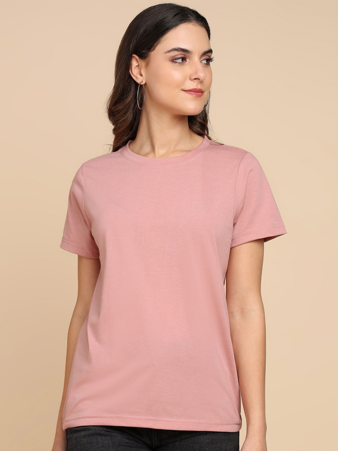 

Adyavastram Women Solid Round Neck Cotton T-shirt, Pink