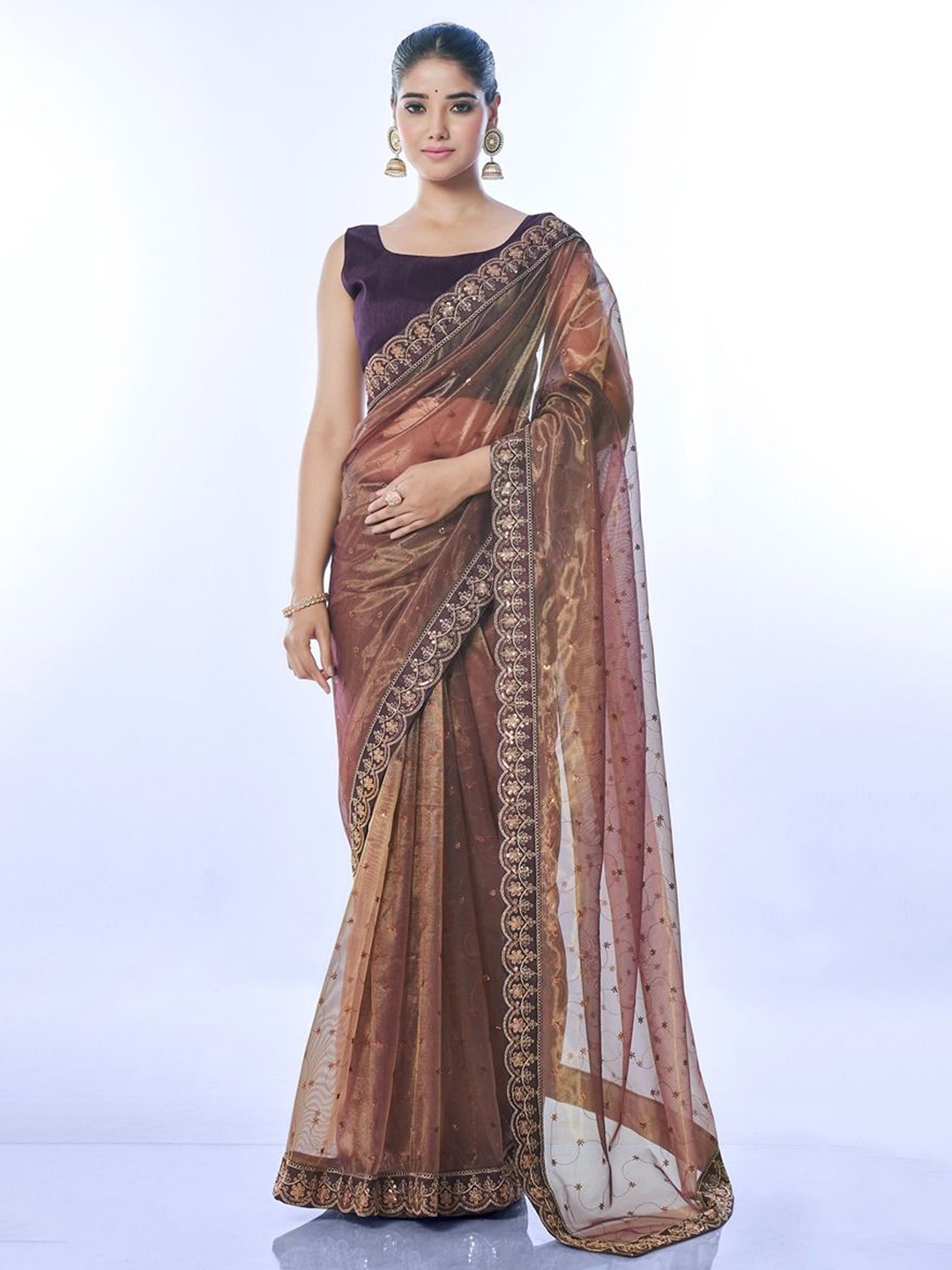 

LeeliPeeri Designer Embellished Sequinned Net Saree, Brown