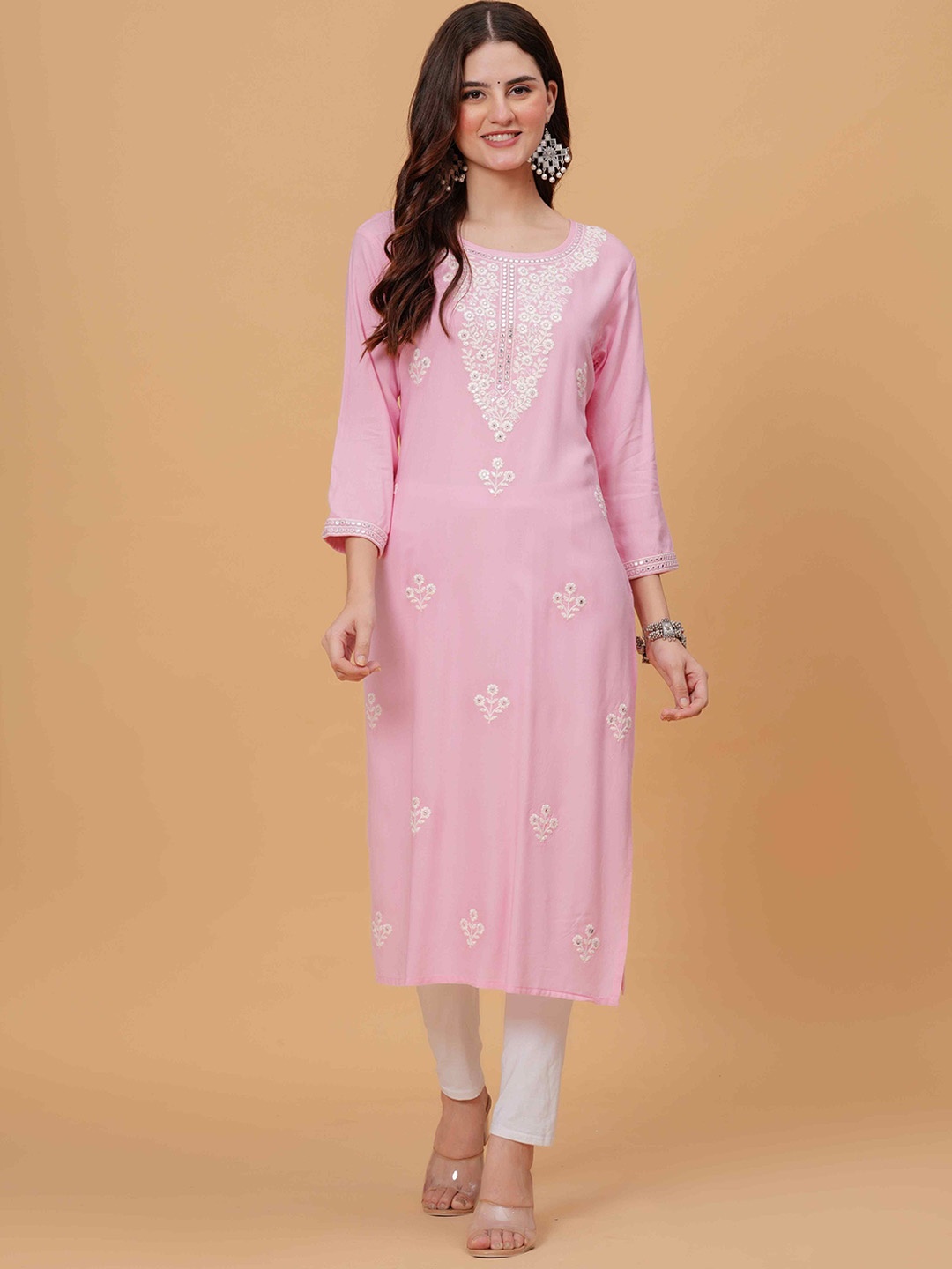 

ALEXEY JAY Floral Embroidered Round Neck Mirror Work Straight Kurta, Pink
