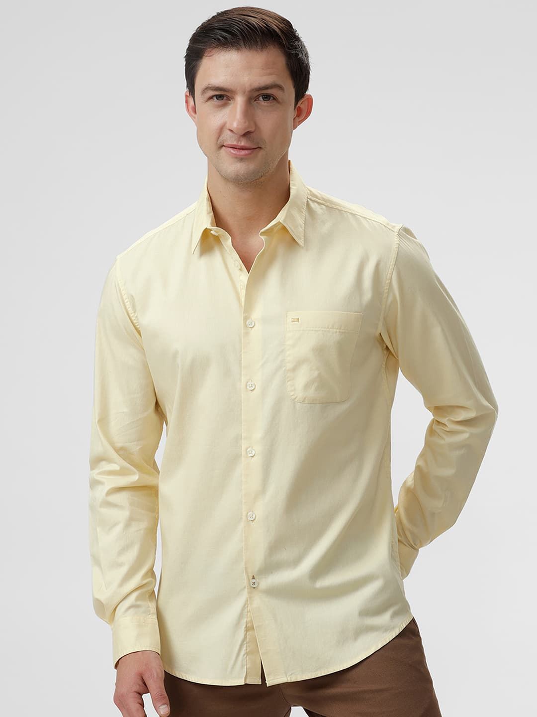 

Basics Men Slim Fit Spread Collar Solid Cotton Casual Shirt, Yellow