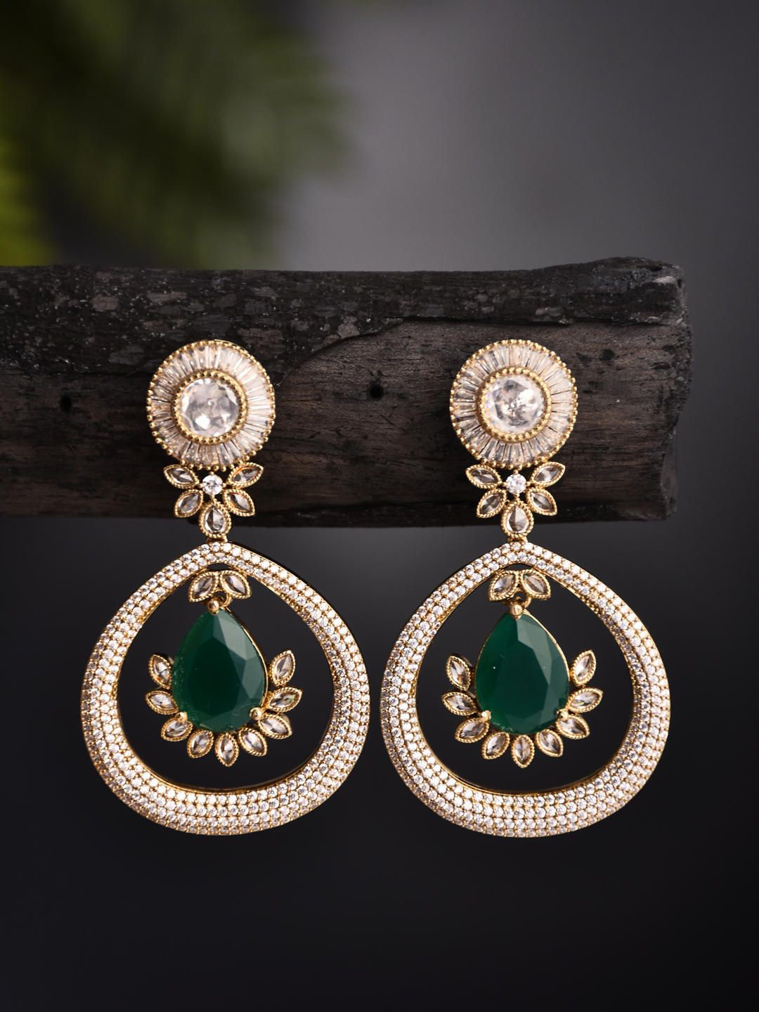 

Reenisaa Gold Plated Artificial Stones Studded Teardrop Shaped Drop Earrings