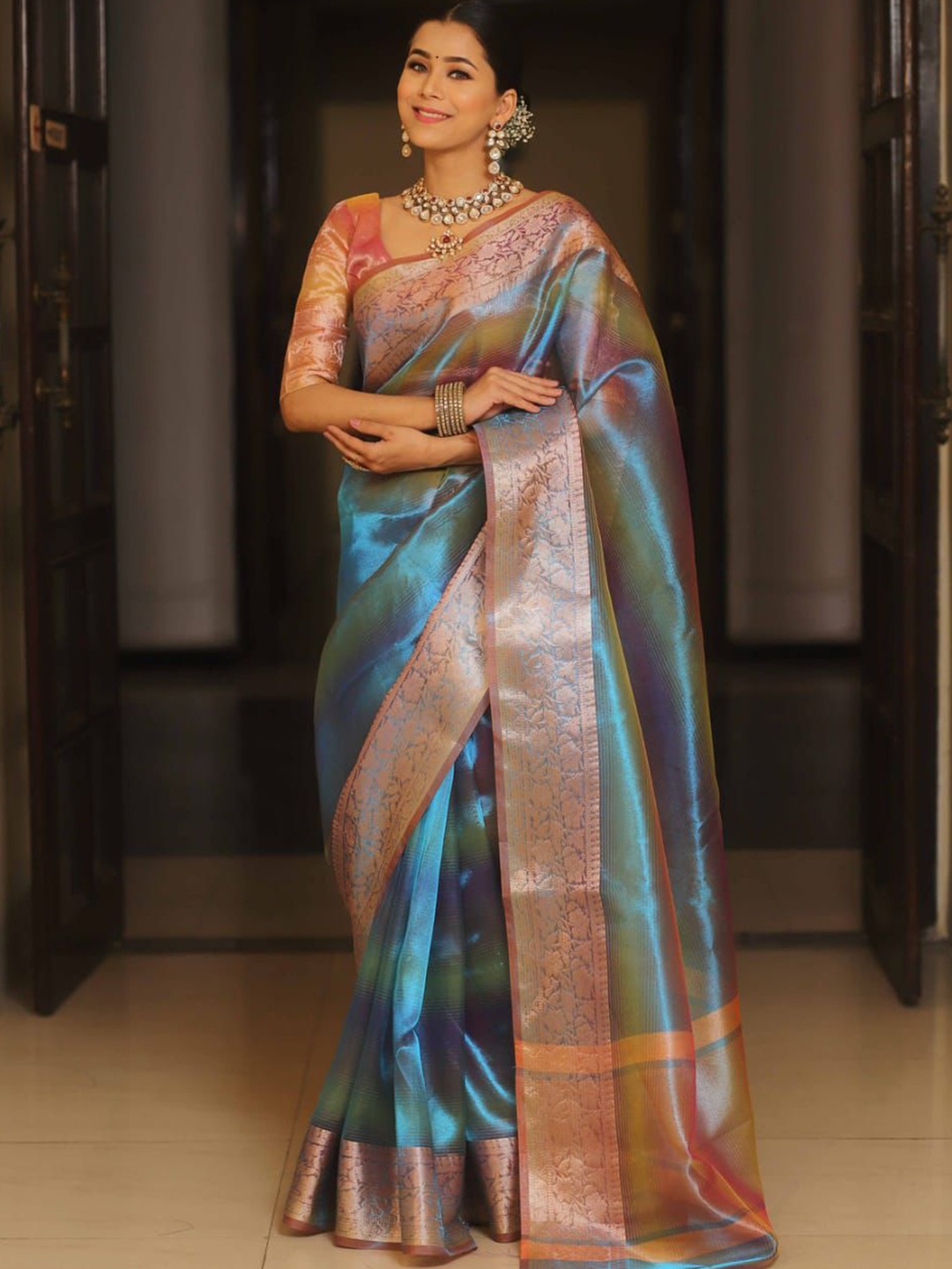 

HERE&NOW Tie and Dye Zari Tissue Banarasi Saree, Blue