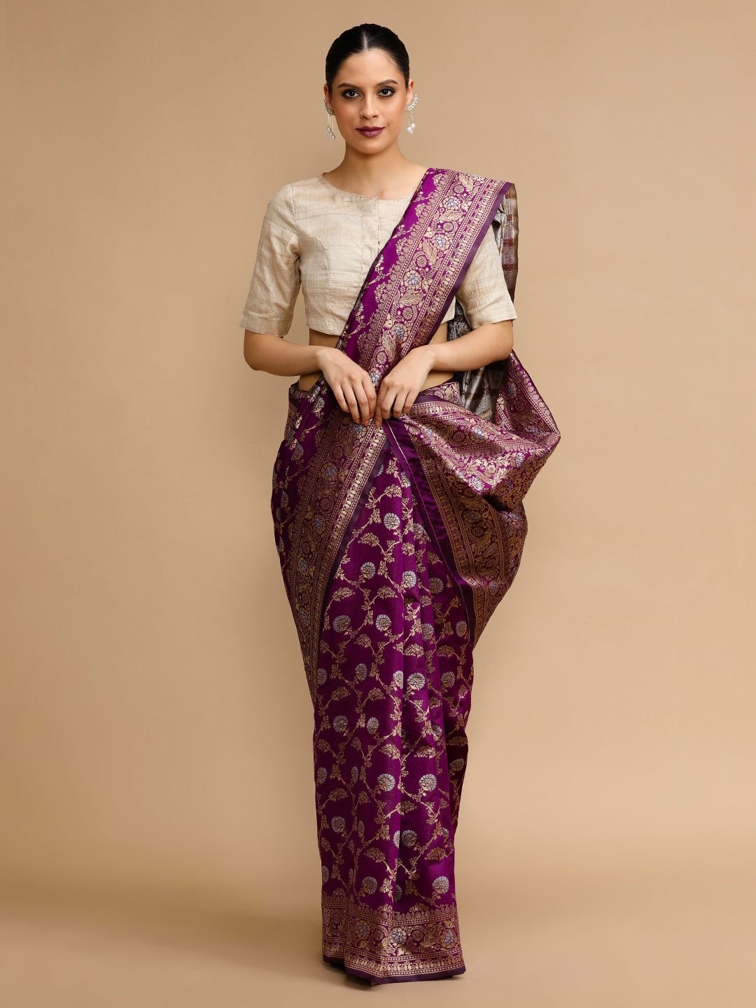 

House of Pataudi Floral Zari Banarasi Saree With Unstitched Blouse, Purple