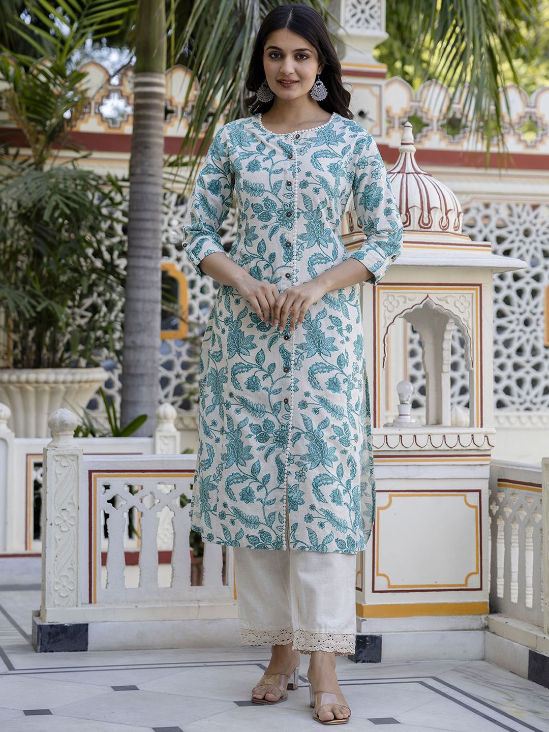 

Pistaa Floral Printed Round Neck Pure Cotton A-Line Kurta with Trouser, Green
