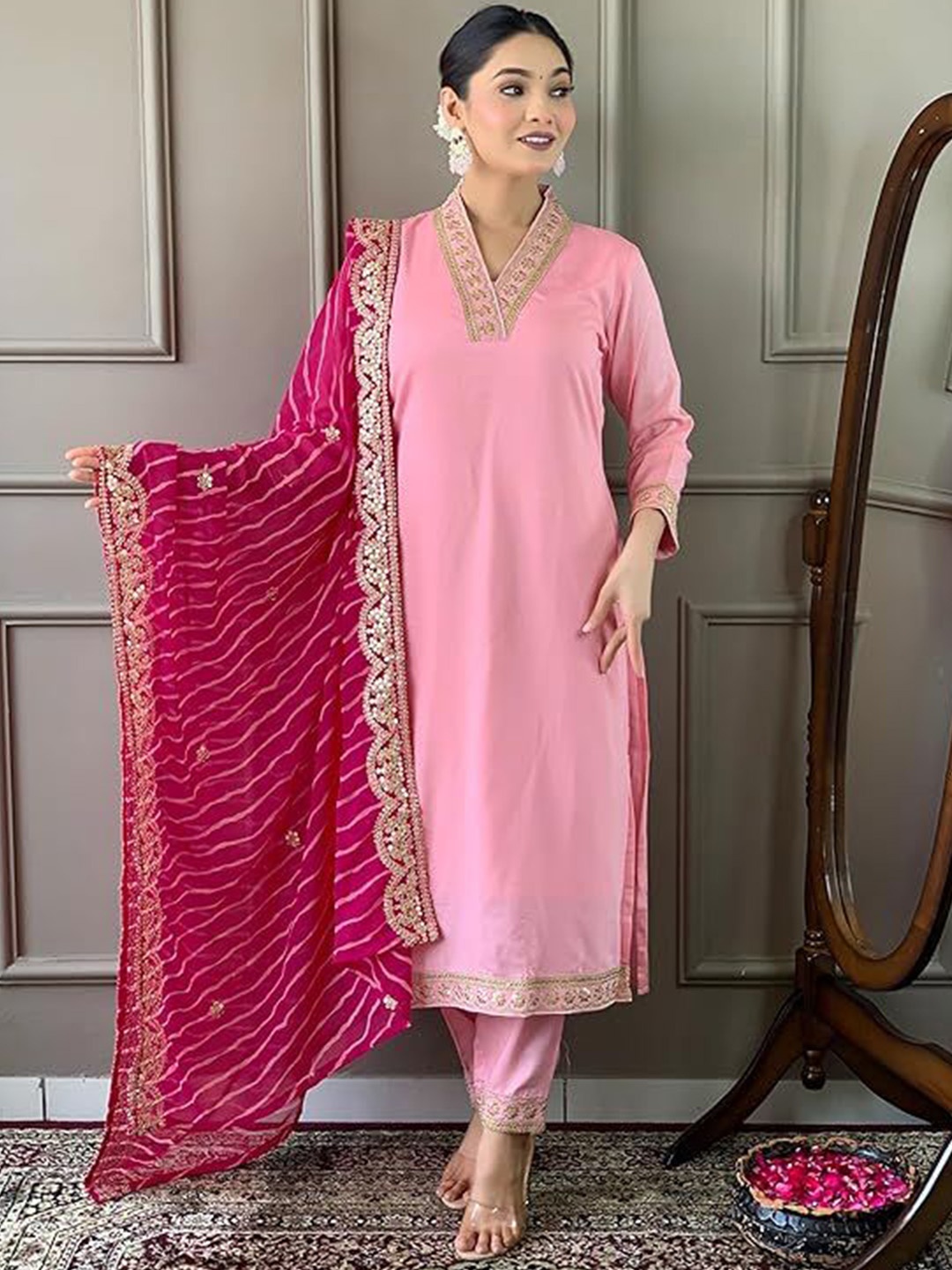 

BAESD Floral Yoke Design V-Neck Sequinned Straight Kurta With Trousers & Dupatta, Pink