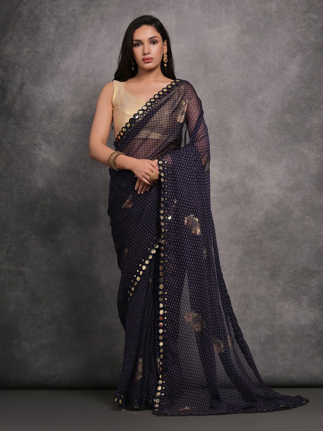 

LeeliPeeri Designer Polka Dots Printed Mirror Work Saree, Navy blue