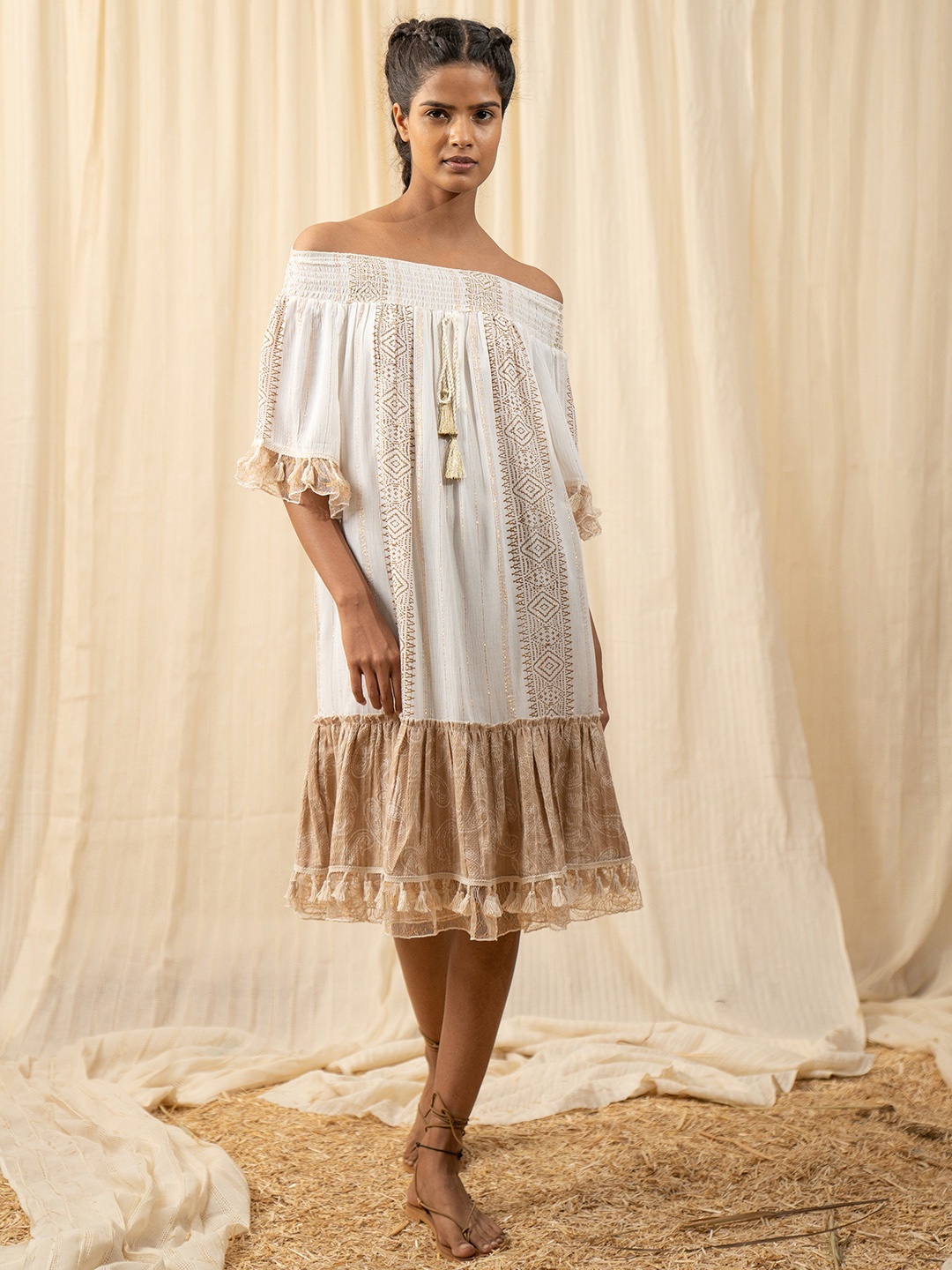 

Label Reyya Women Off-Shoulder A-Line Dress, White