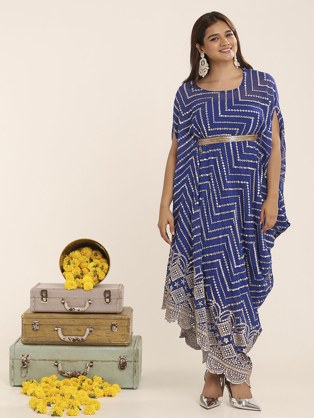 

THE BLESSED WARDROBE Women's Printed Georgette Kaftan Dress, Blue