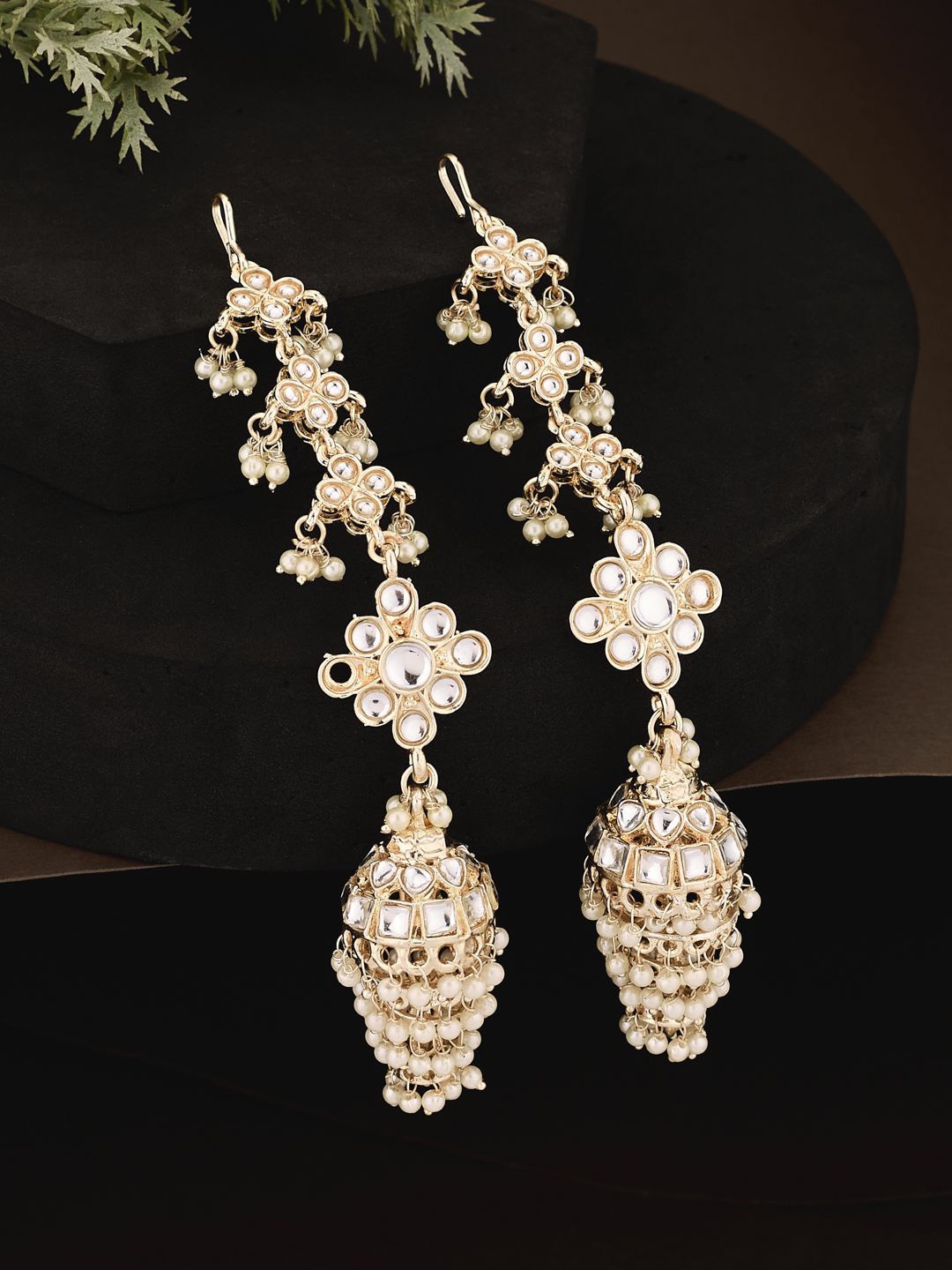 

ATIBELLE Gold-Plated Kundan Studded Contemporary Drop Earrings, White