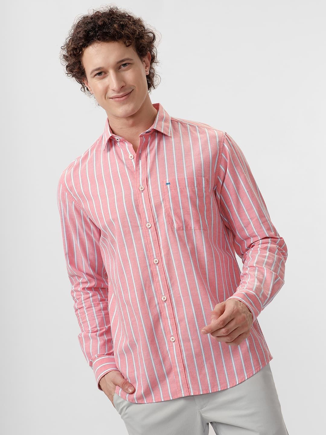 

Basics Men Slim Fit Spread Collar Vertical Striped Cotton Casual Shirt, Pink