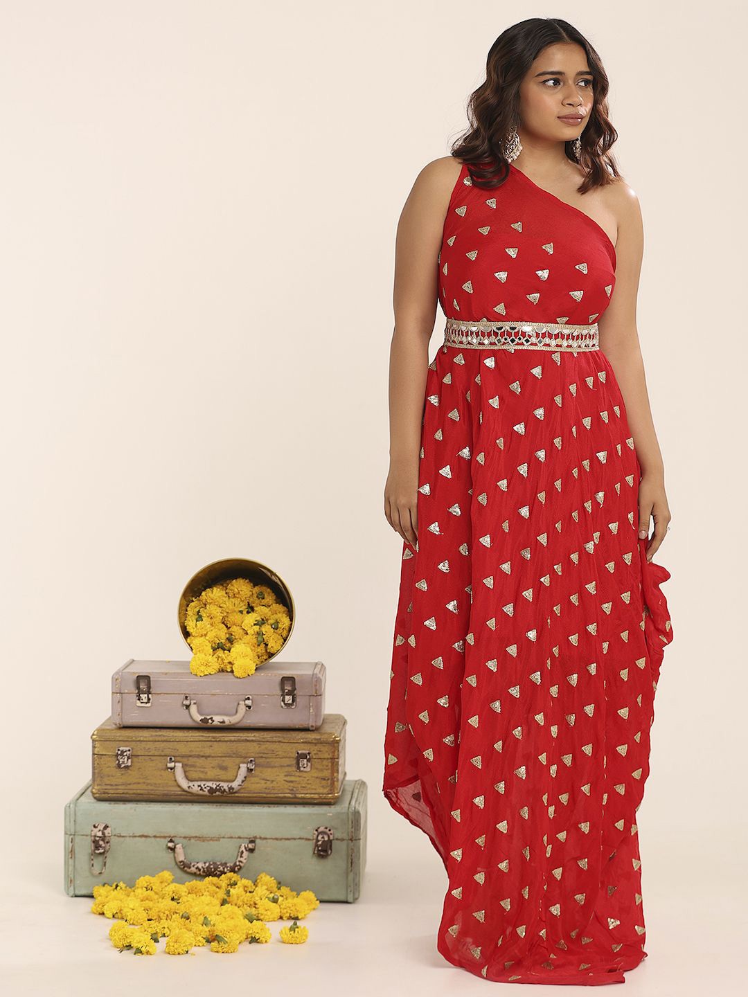

THE BLESSED WARDROBE Women Floral Printed Fit & Flare Maxi Dress, Red